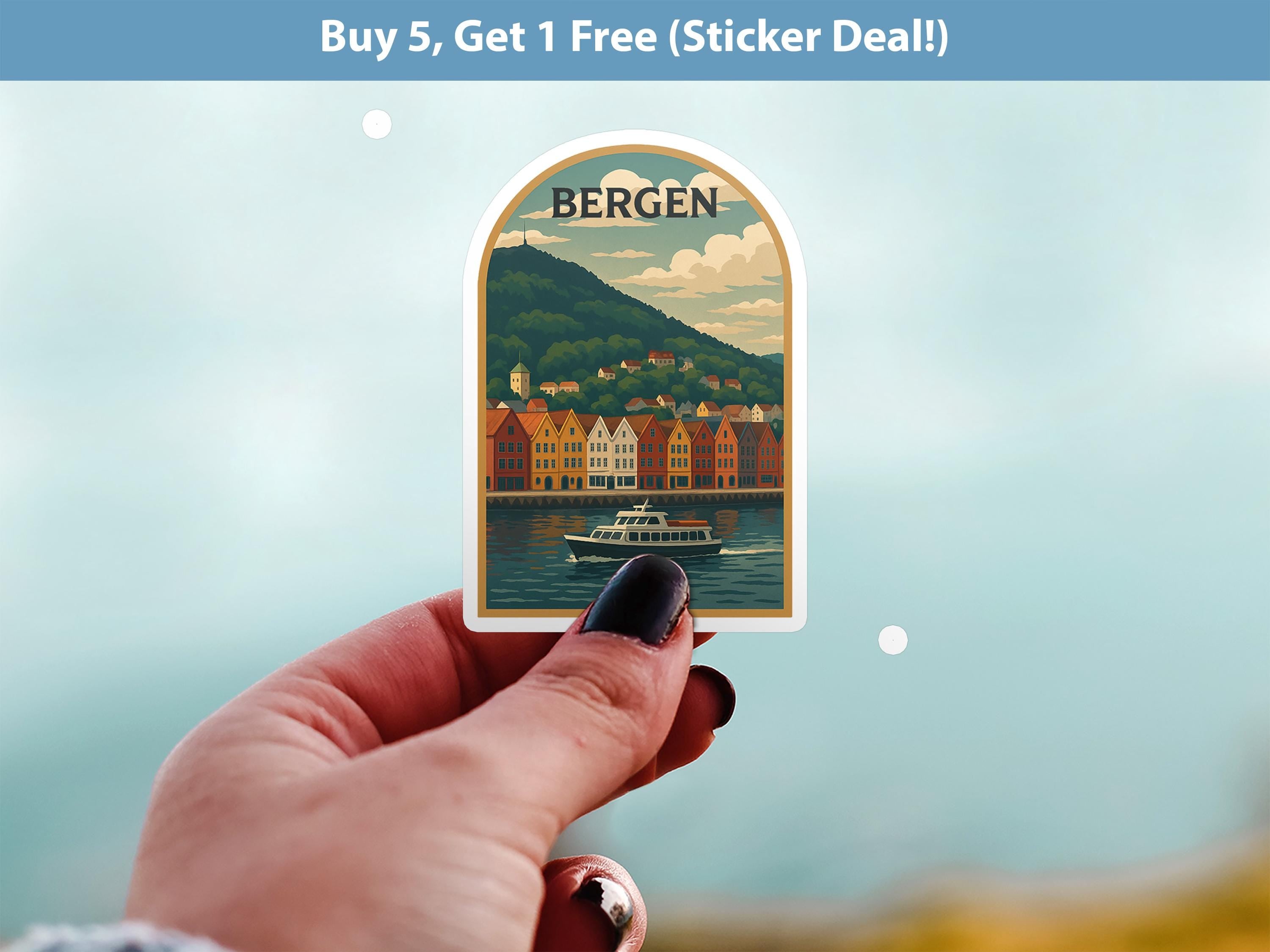Bergen Norway Sticker, Vintage City Vinyl Decal, Retro Travel Lover Collection, Journal Scrapbook