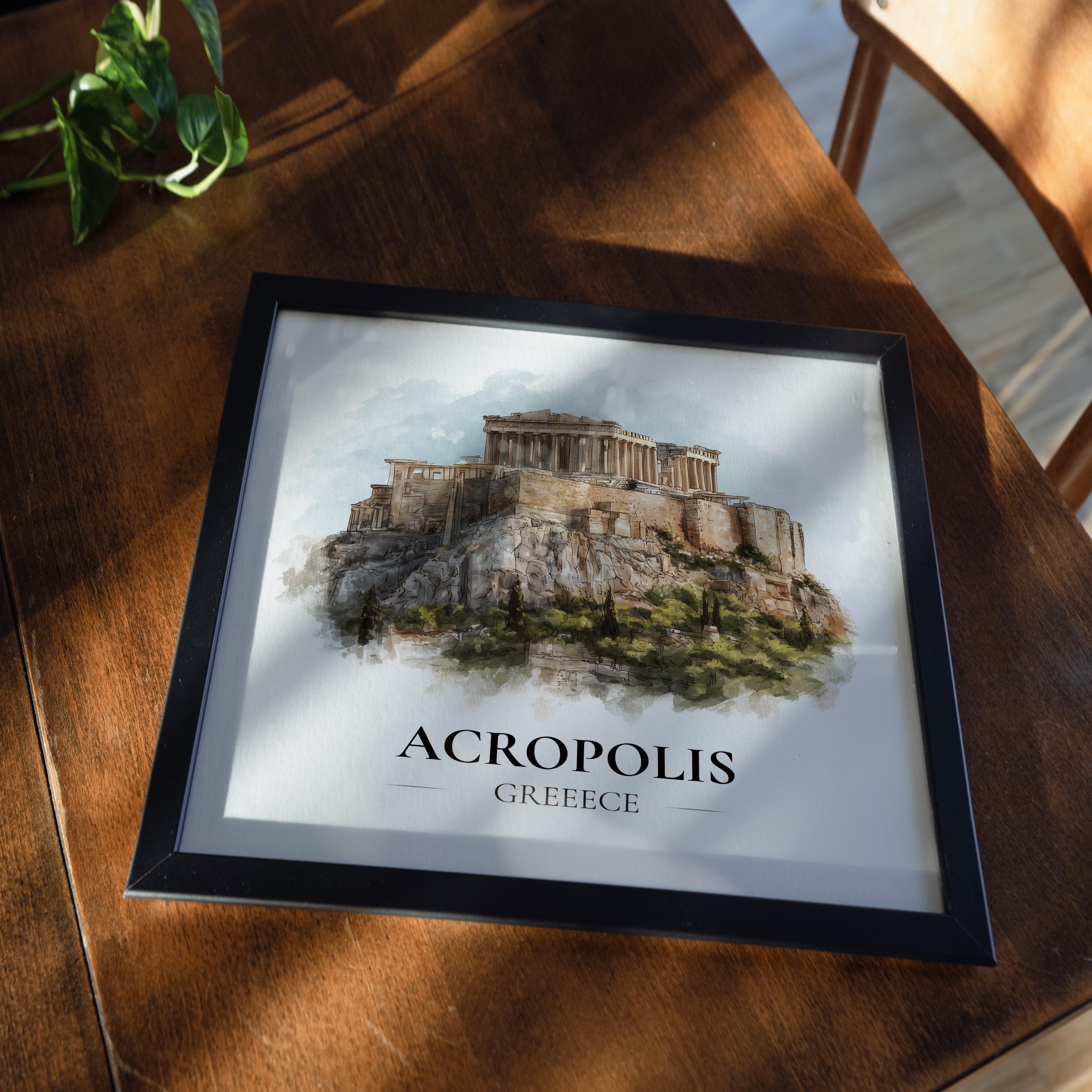 Acropolis Greece Watercolor Wall Art Print, Custom Travel Poster, World Locations Keepsake Gift