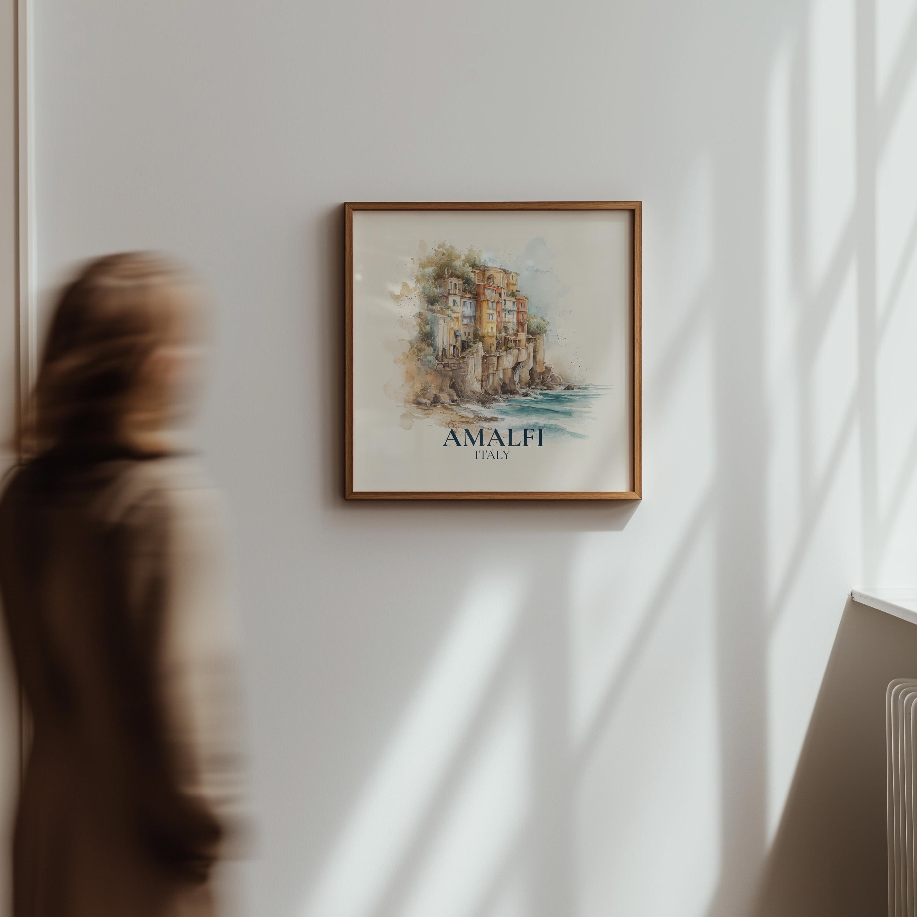 Amalfi Coast Italy Watercolor Wall Art Print, Custom Travel Poster, World Locations Keepsake Gift