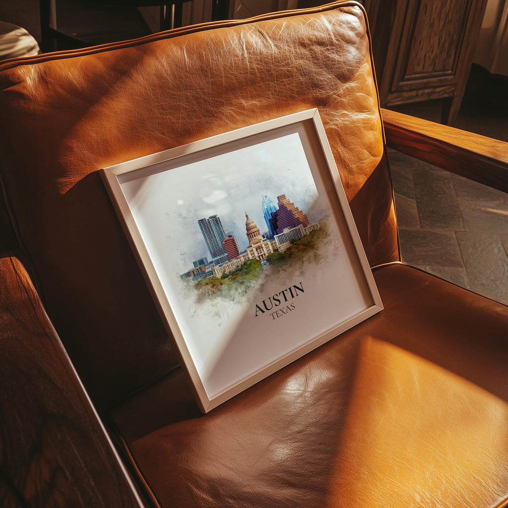 Austin Texas Watercolor Wall Art Print, Custom Travel Poster, World Locations Keepsake Gift