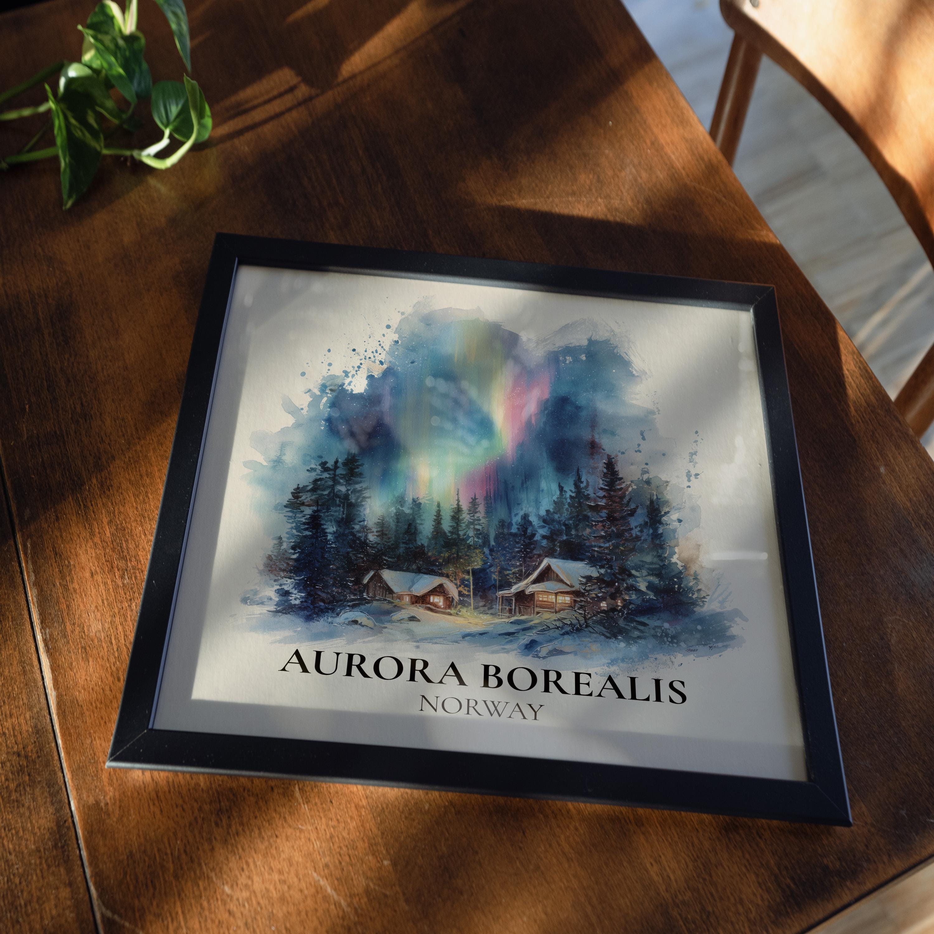 Aurora Borealis Norway Watercolor Wall Art Print, Custom Travel Poster, World Locations Keepsake Gift