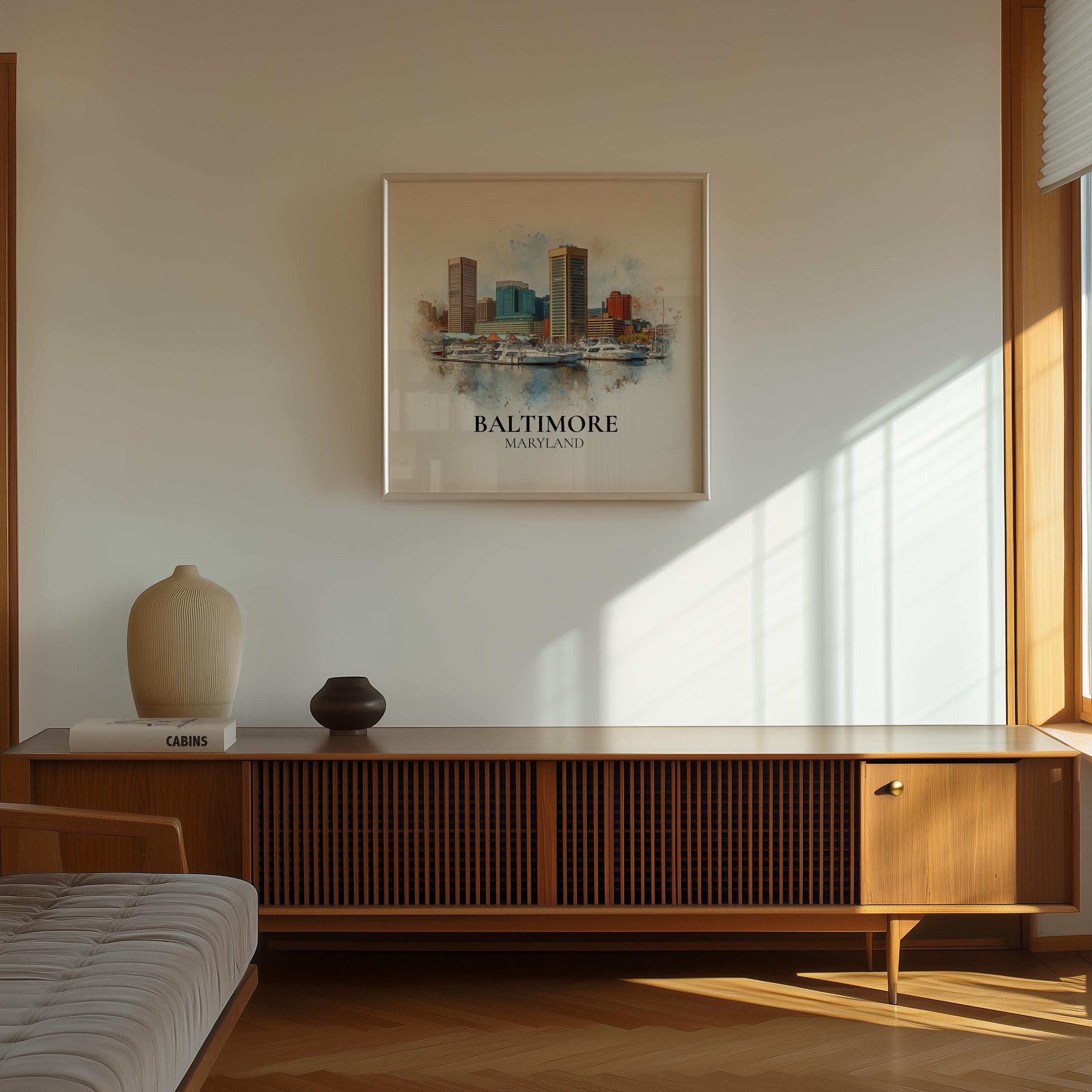 Baltimore Maryland Watercolor Wall Art Print, Custom Travel Poster, World Locations Keepsake Gift