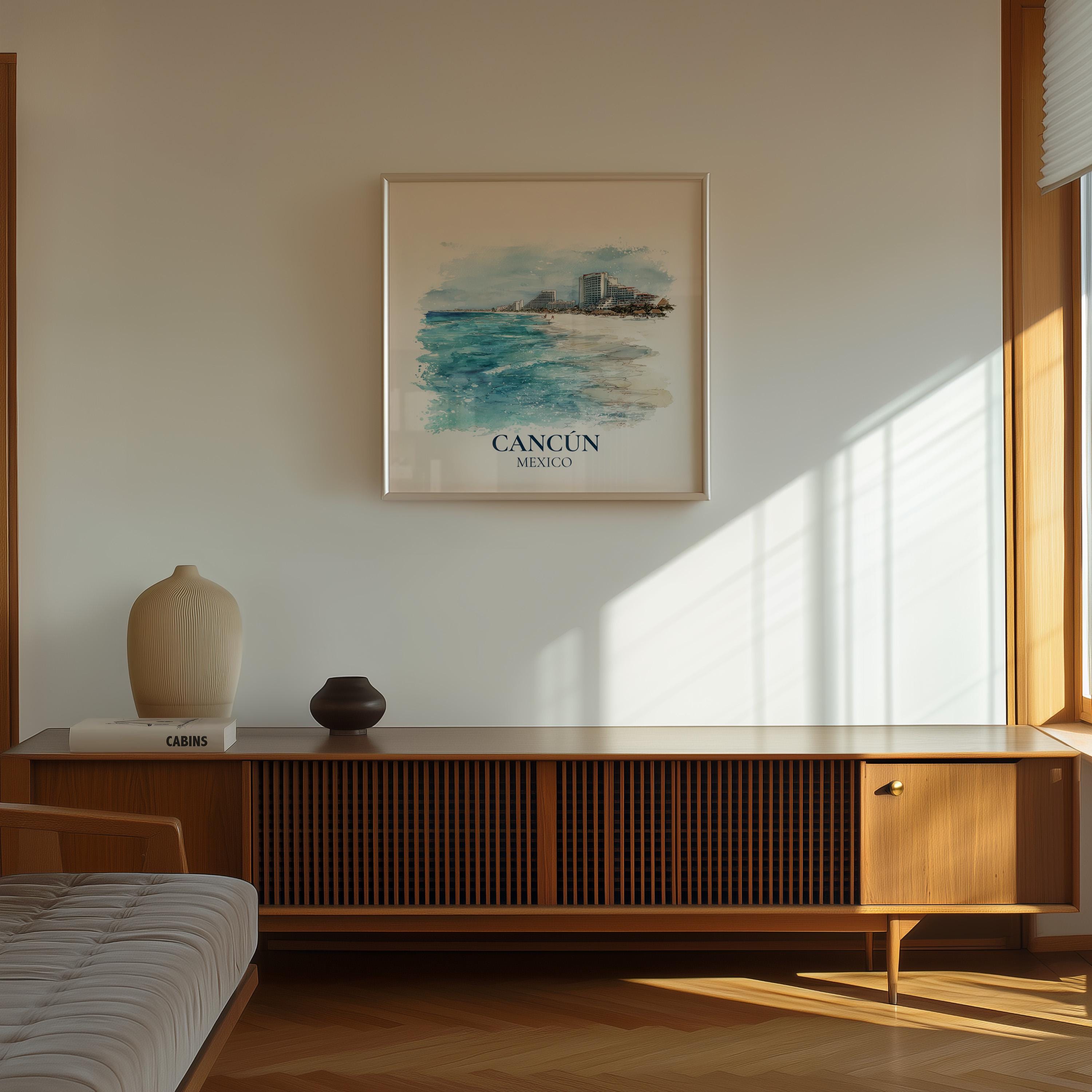 Cancun Mexico Watercolor Wall Art Print, Custom Travel Poster, World Locations Keepsake Gift