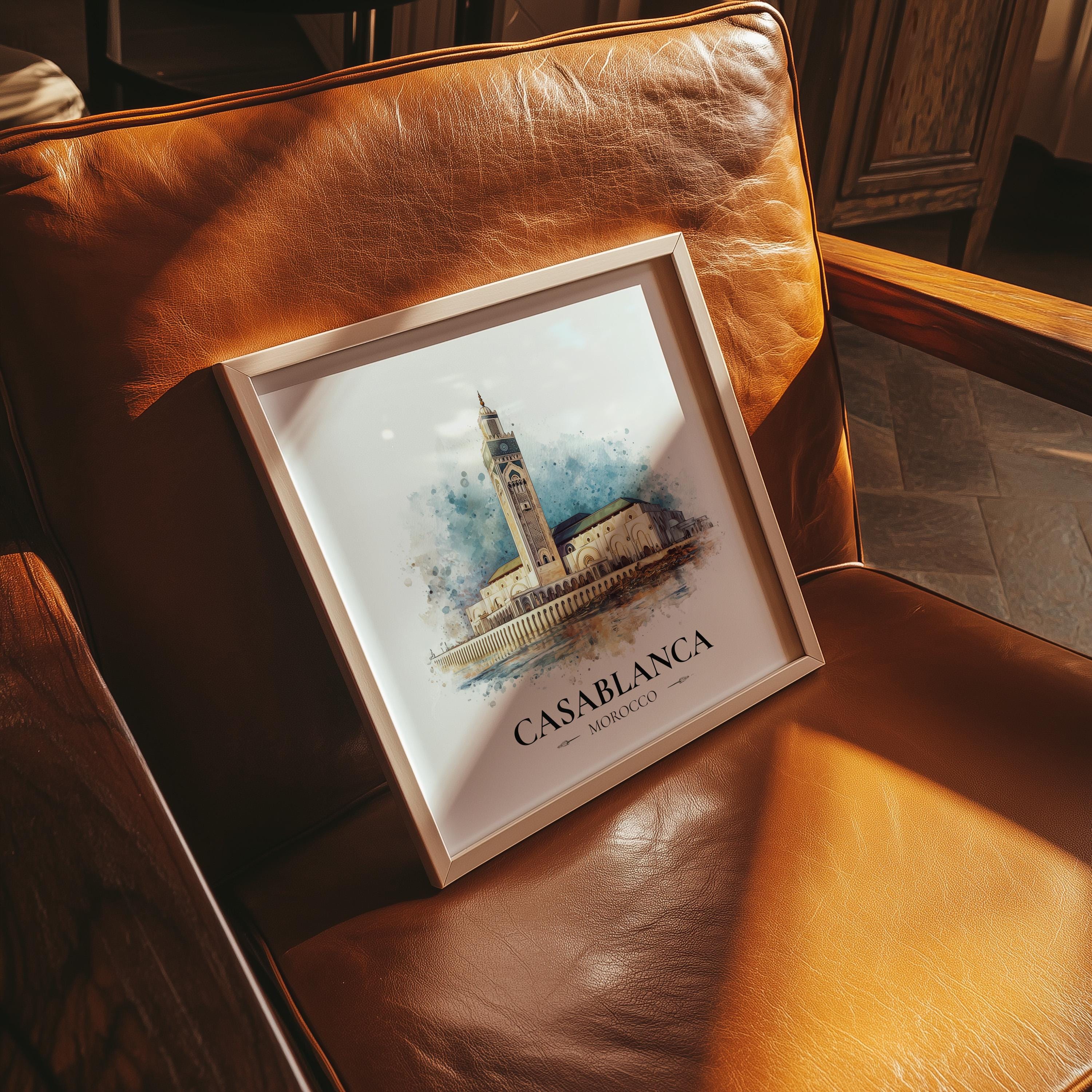 Casablanca Morocco Watercolor Wall Art Print, Custom Travel Poster, World Locations Keepsake Gift