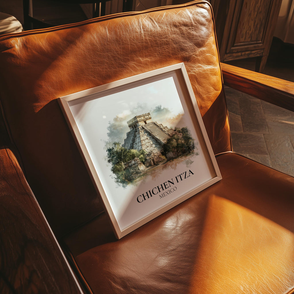 Chichen Itza Mexico Watercolor Wall Art Print, Custom Travel Poster, World Locations Keepsake Gift