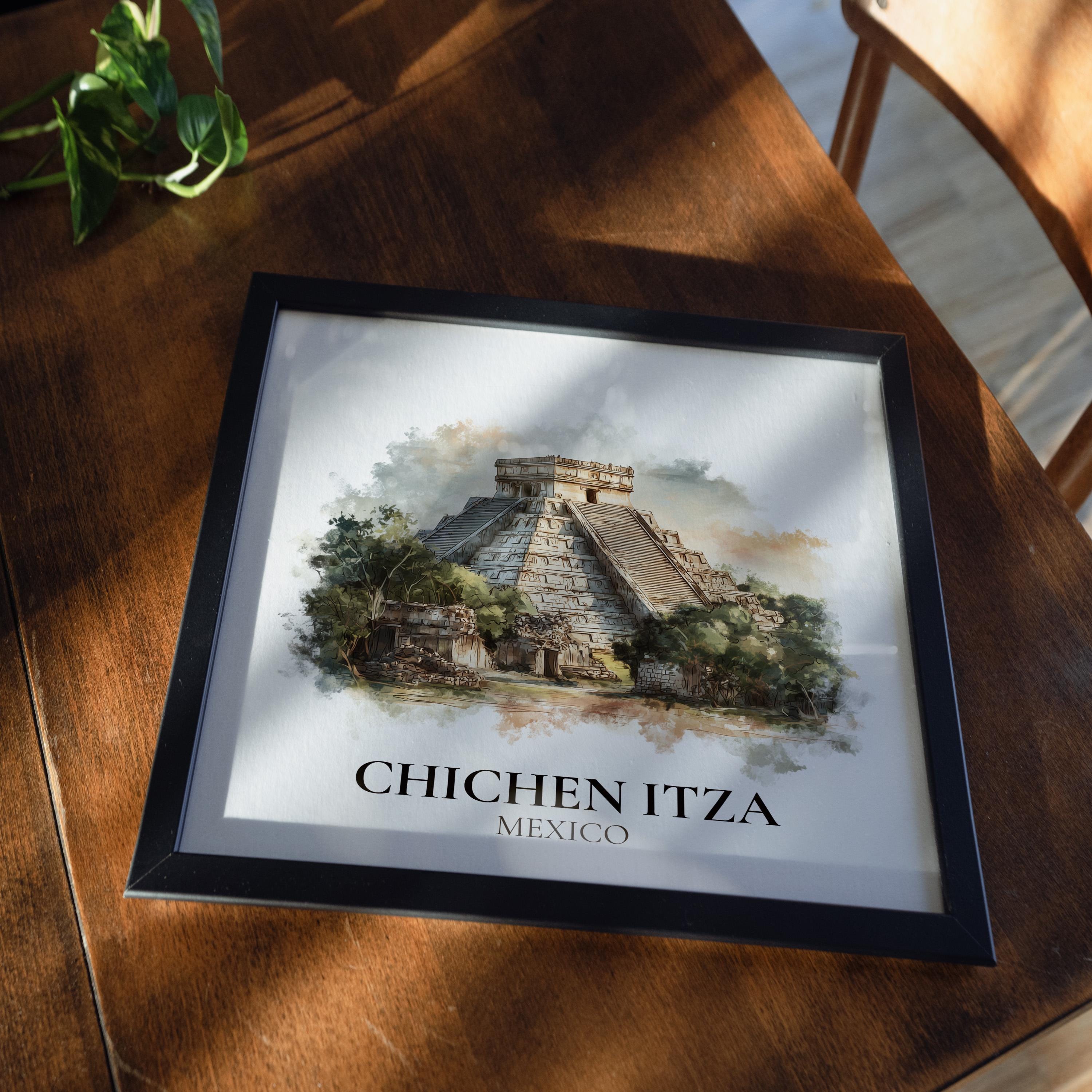 Chichen Itza Mexico Watercolor Wall Art Print, Custom Travel Poster, World Locations Keepsake Gift
