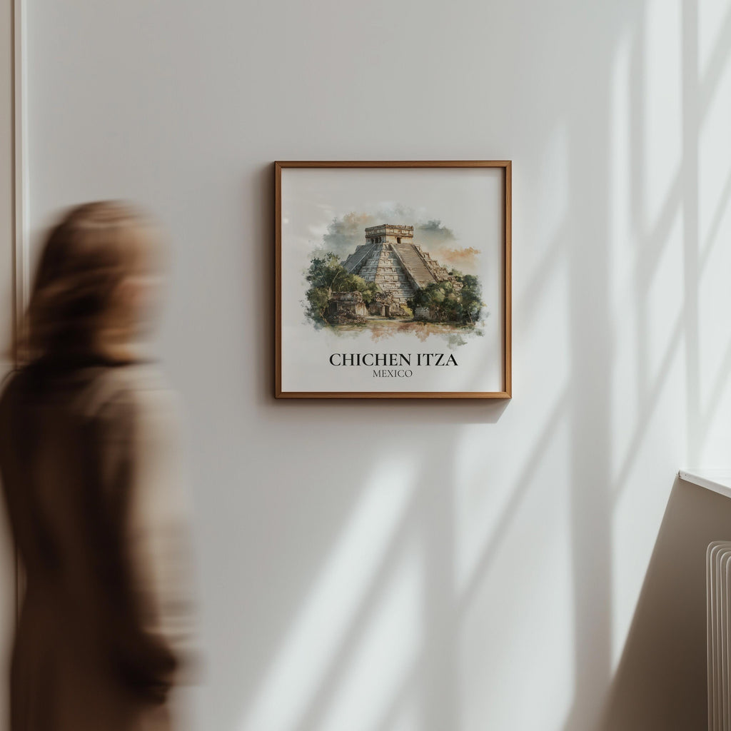 Chichen Itza Mexico Watercolor Wall Art Print, Custom Travel Poster, World Locations Keepsake Gift