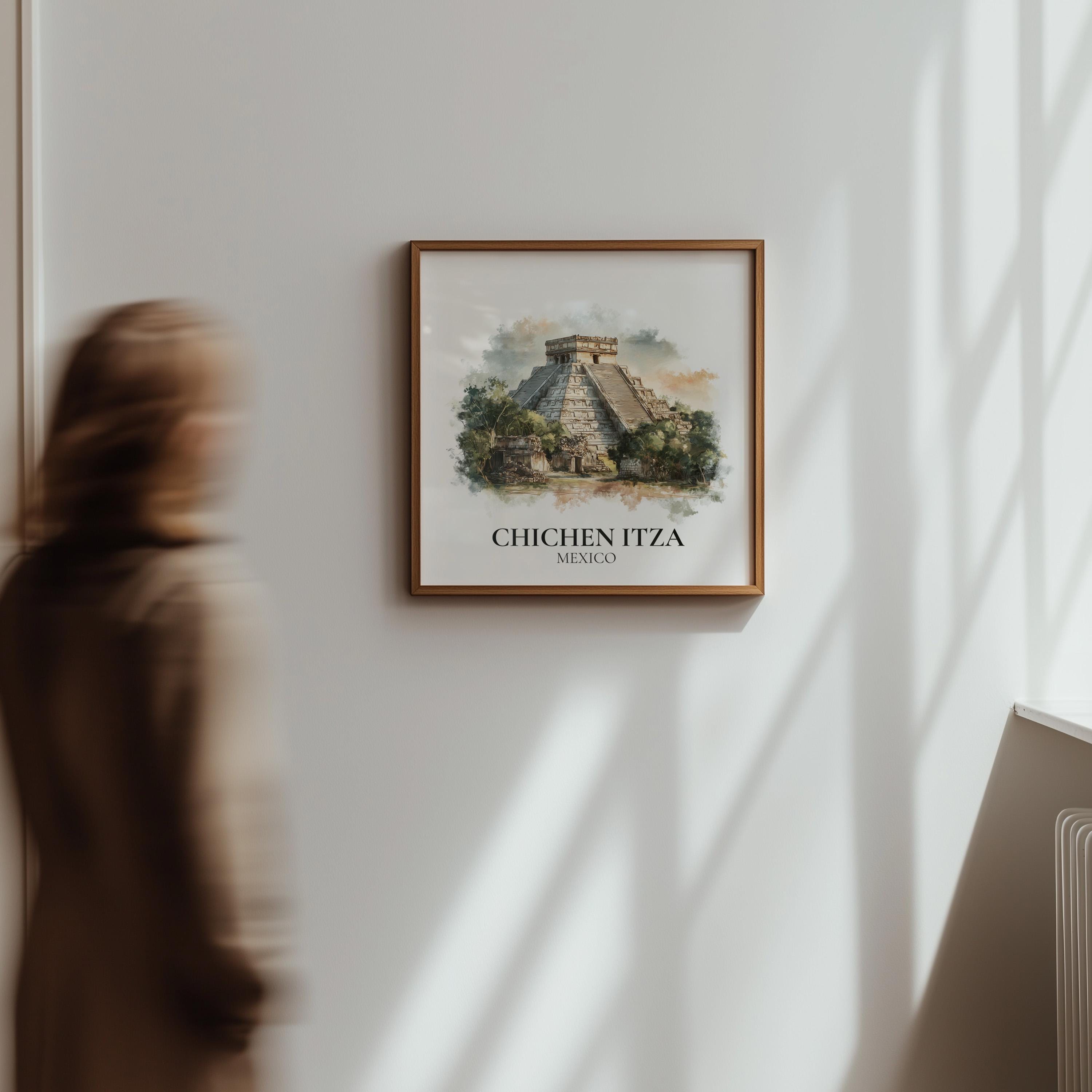Chichen Itza Mexico Watercolor Wall Art Print, Custom Travel Poster, World Locations Keepsake Gift