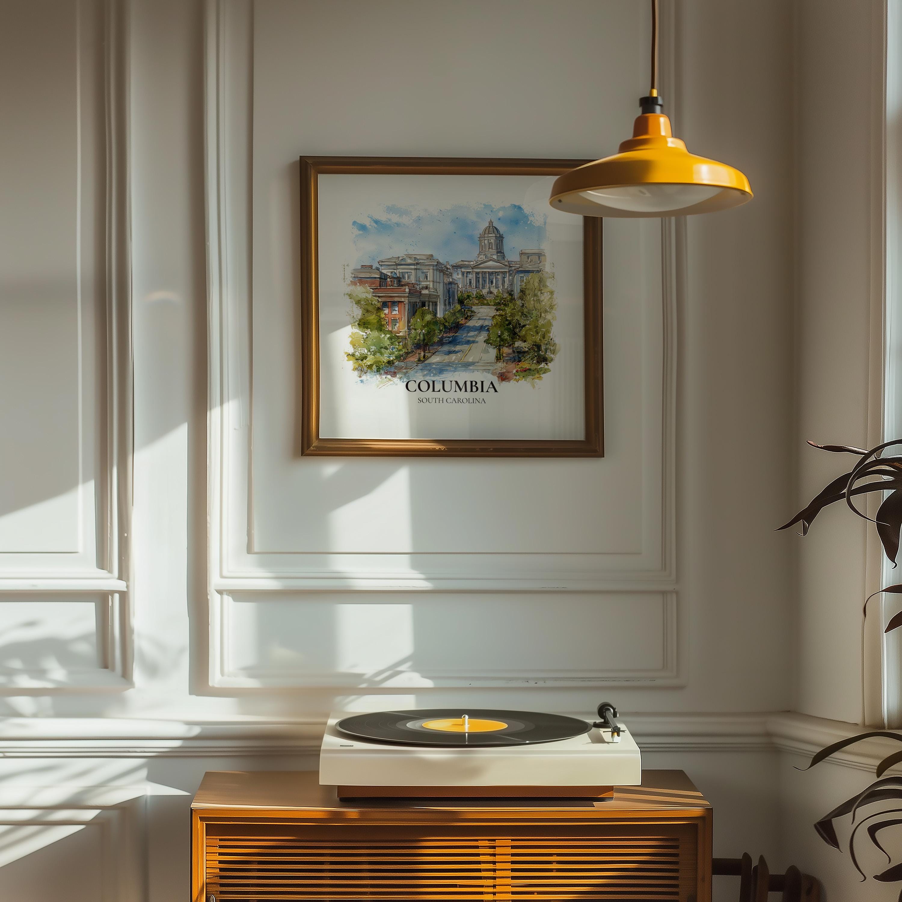 Columbia Poster South Carolina Watercolor Wall Art Print, Custom Travel, World Locations Keepsake Gift