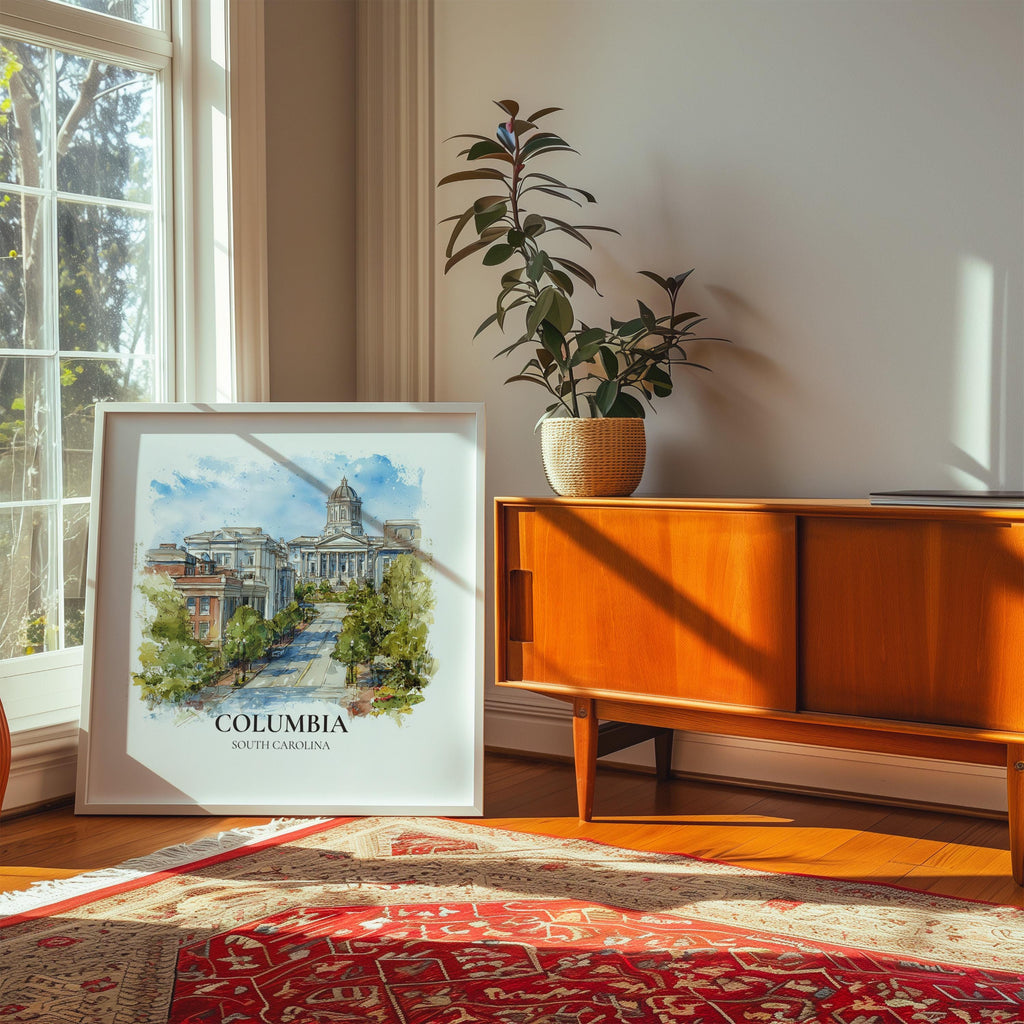 Columbia Poster South Carolina Watercolor Wall Art Print, Custom Travel, World Locations Keepsake Gift