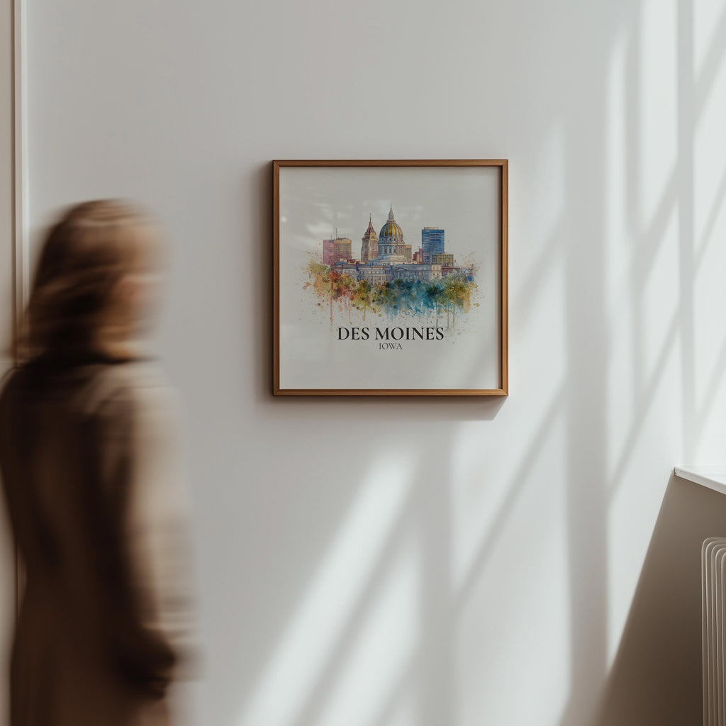 Des Moines Iowa Watercolor Wall Art Print, Custom Travel Poster, World Locations Keepsake Gift