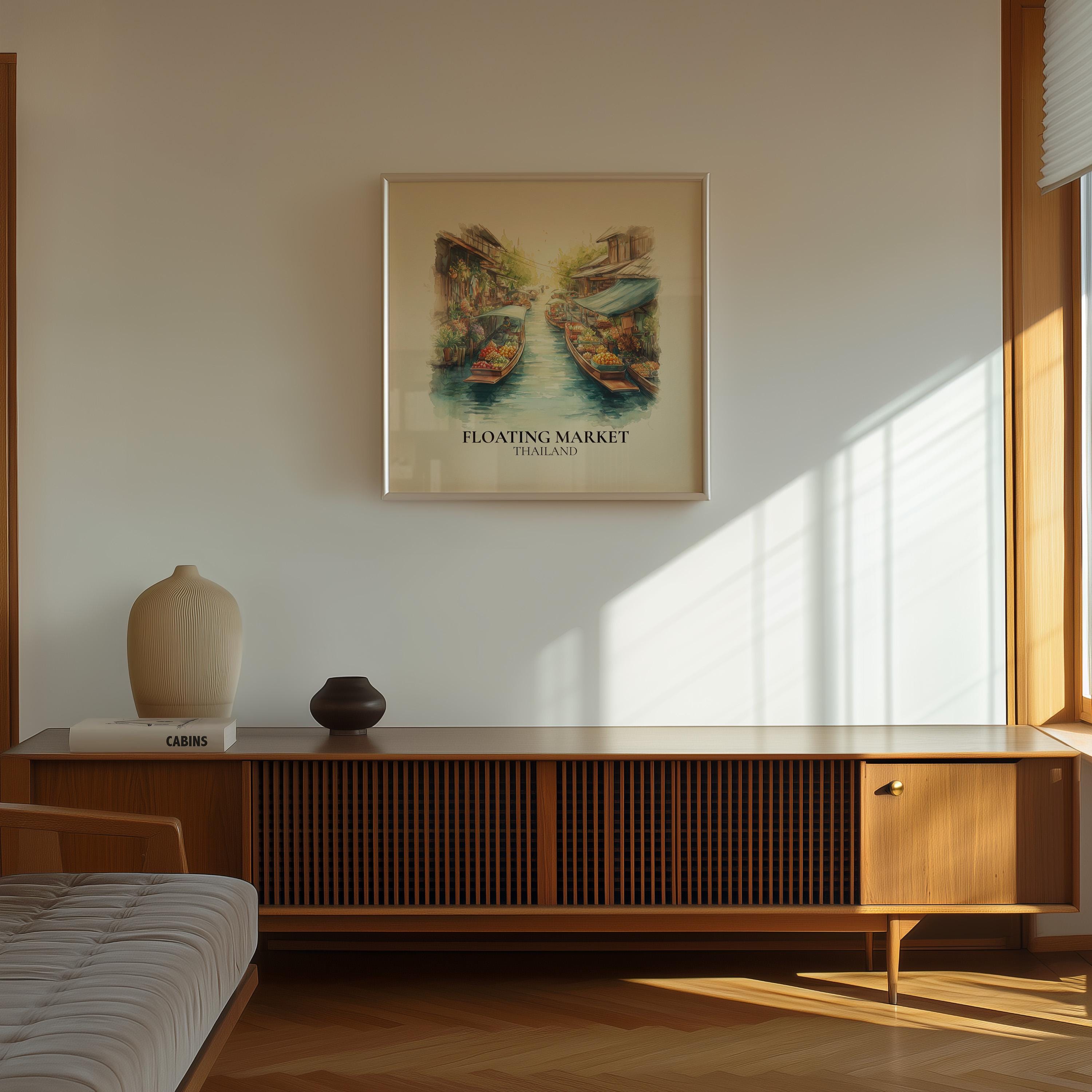 Floating Market Thailand Watercolor Wall Art Print, Custom Travel Poster, World Locations Keepsake Gift