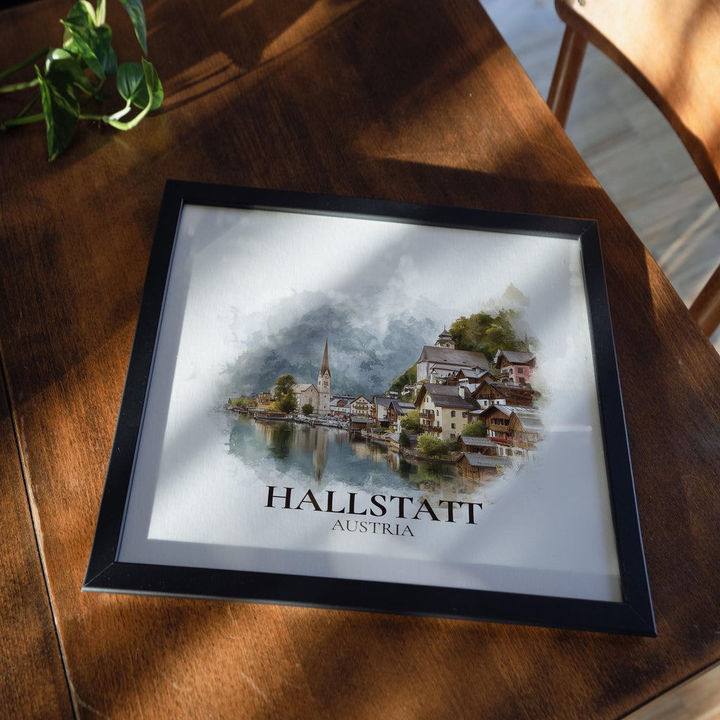 Hallstatt Austria Watercolor Wall Art Print, Custom Travel Poster, World Locations Keepsake Gift