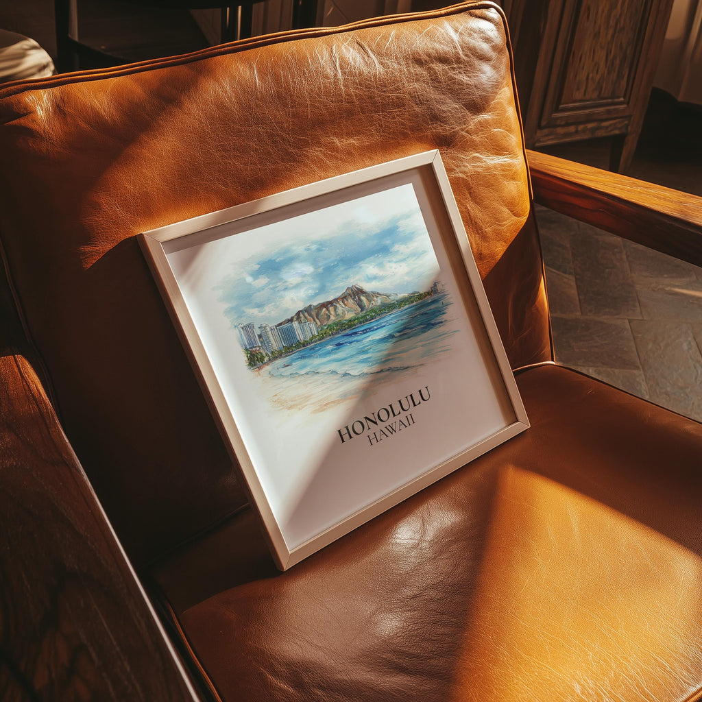 Honolulu Wall Art Hawaii Watercolor  Print, Custom Travel Poster, World Locations Keepsake Gift