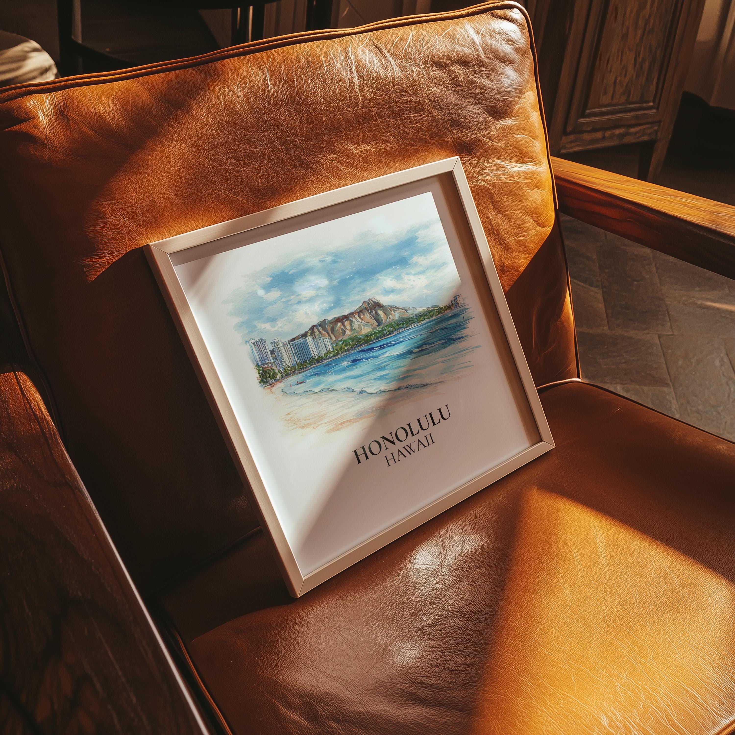 Honolulu Wall Art Hawaii Watercolor  Print, Custom Travel Poster, World Locations Keepsake Gift