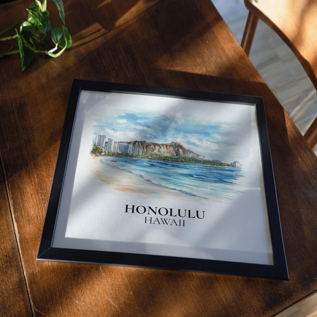 Honolulu Wall Art Hawaii Watercolor  Print, Custom Travel Poster, World Locations Keepsake Gift