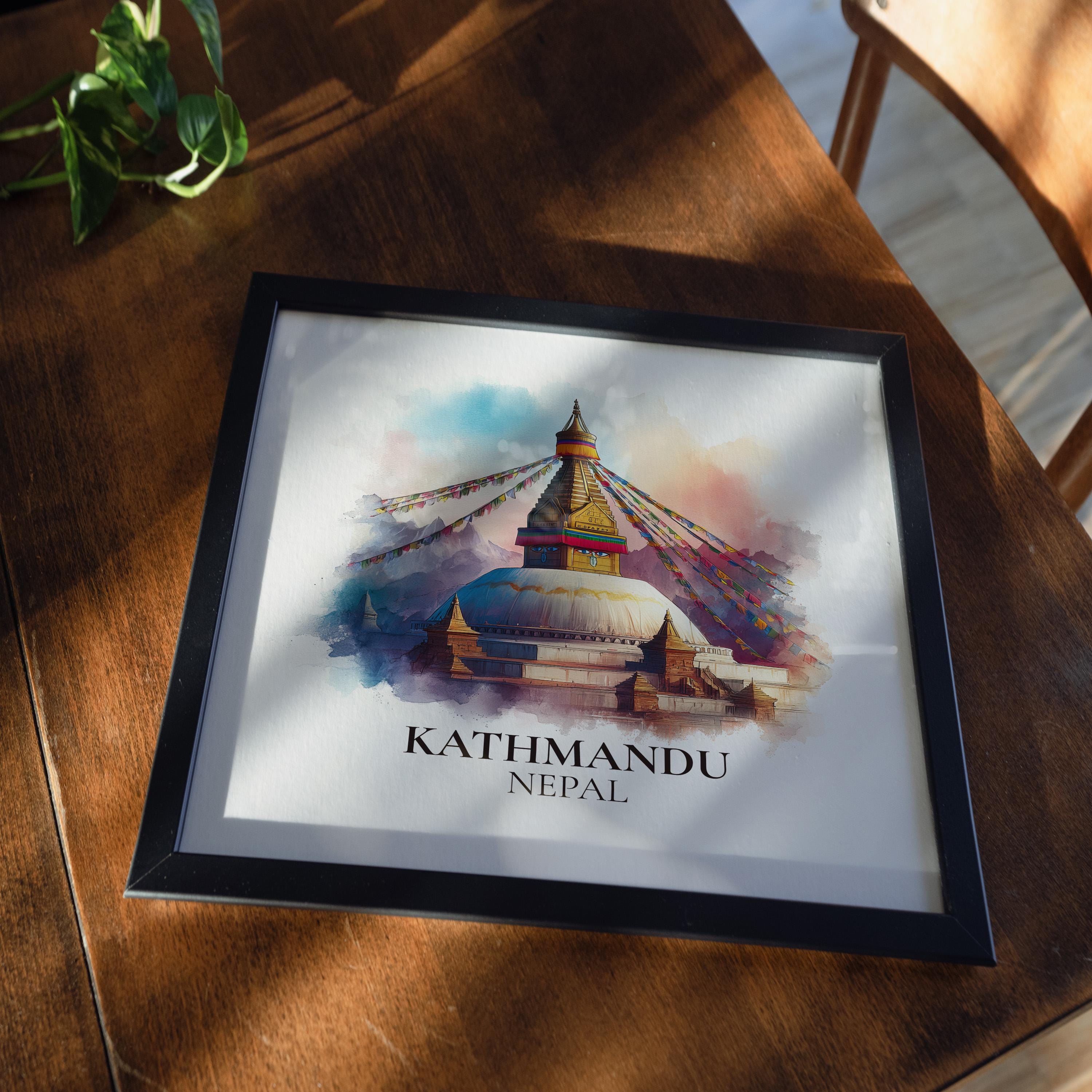 Kathmandu Nepal Watercolor Wall Art Print, Custom Travel Poster, World Locations Keepsake Gift