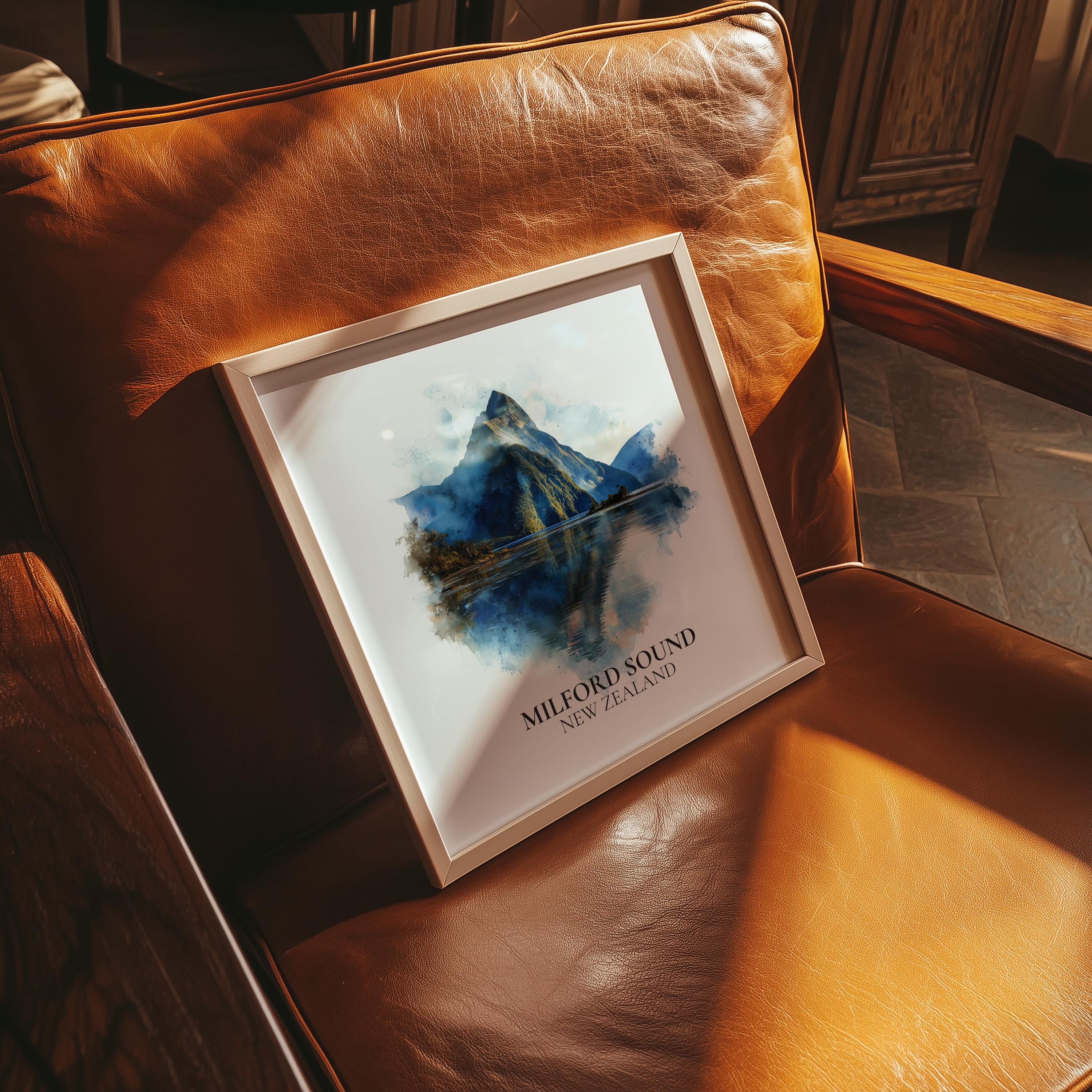 Milford Sound New Zealand Watercolor Wall Art Print, Custom Travel Poster, World Locations Keepsake Gift