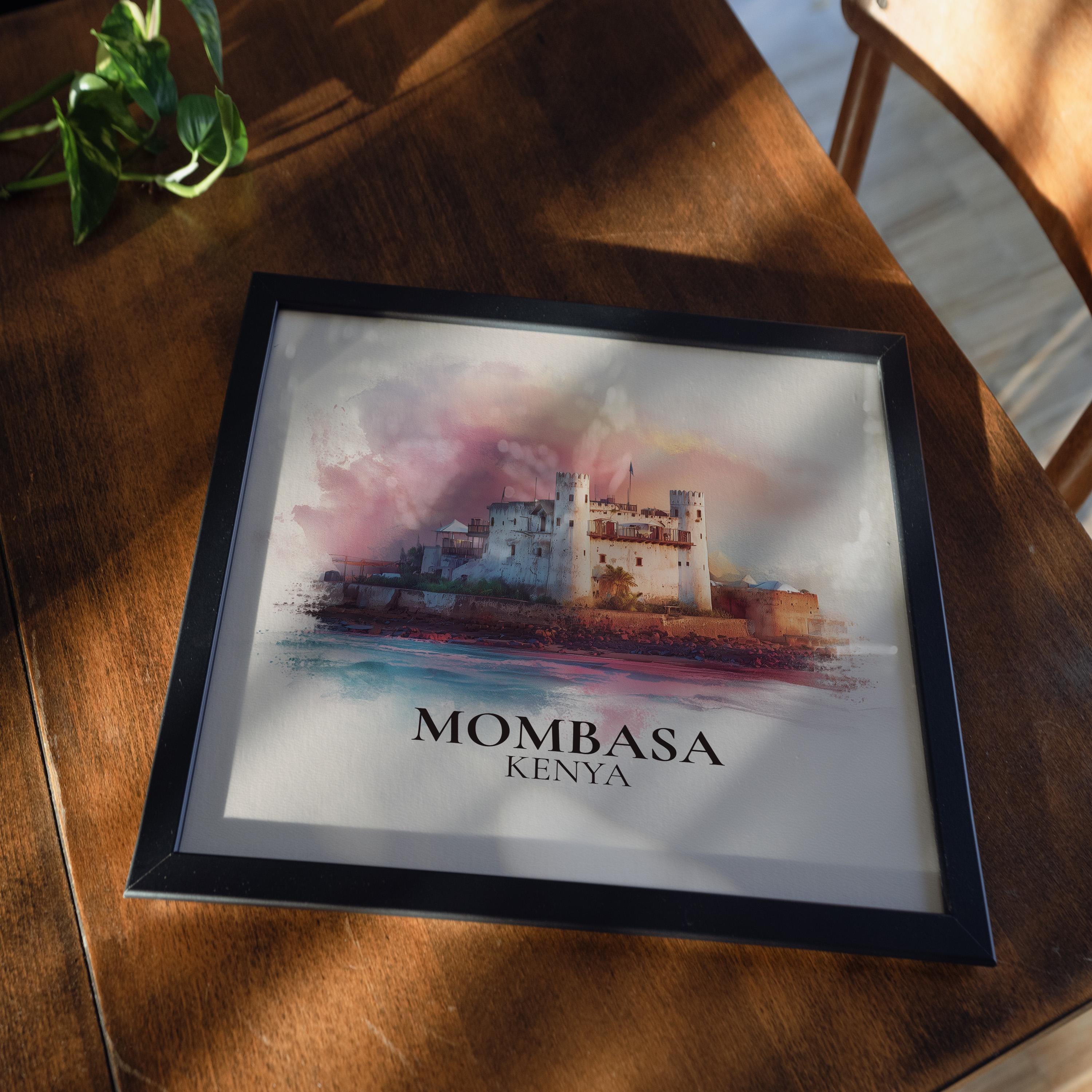 Mombasa Kenya Watercolor Wall Art Print, Custom Travel Poster, World Locations Keepsake Gift