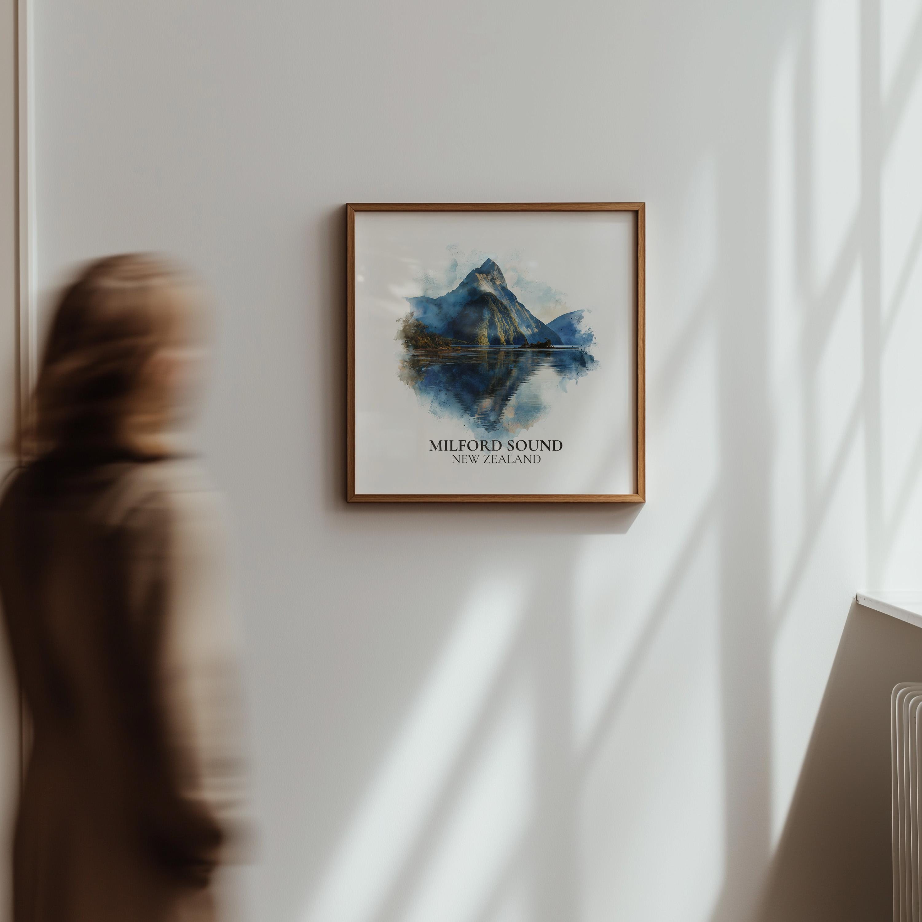 Milford Sound New Zealand Watercolor Wall Art Print, Custom Travel Poster, World Locations Keepsake Gift