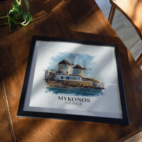 Mykonos Greece Watercolor Wall Art Print, Custom Travel Poster, World Locations Keepsake Gift