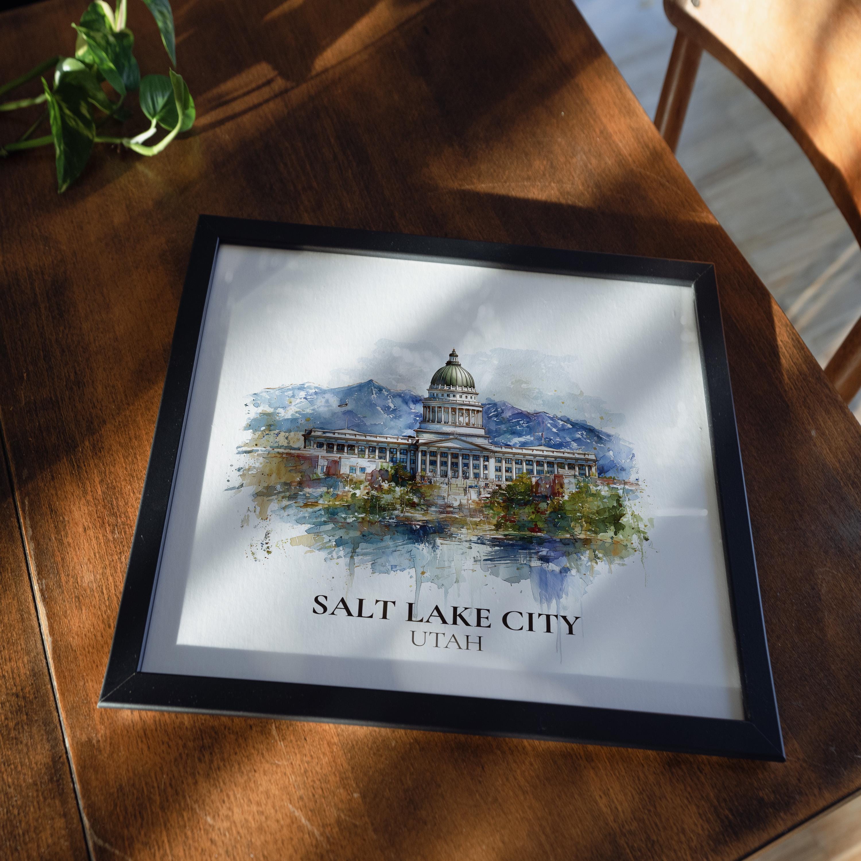 Salt Lake City Utah Watercolor Wall Art Print, Custom Travel Poster, World Locations Keepsake Gift
