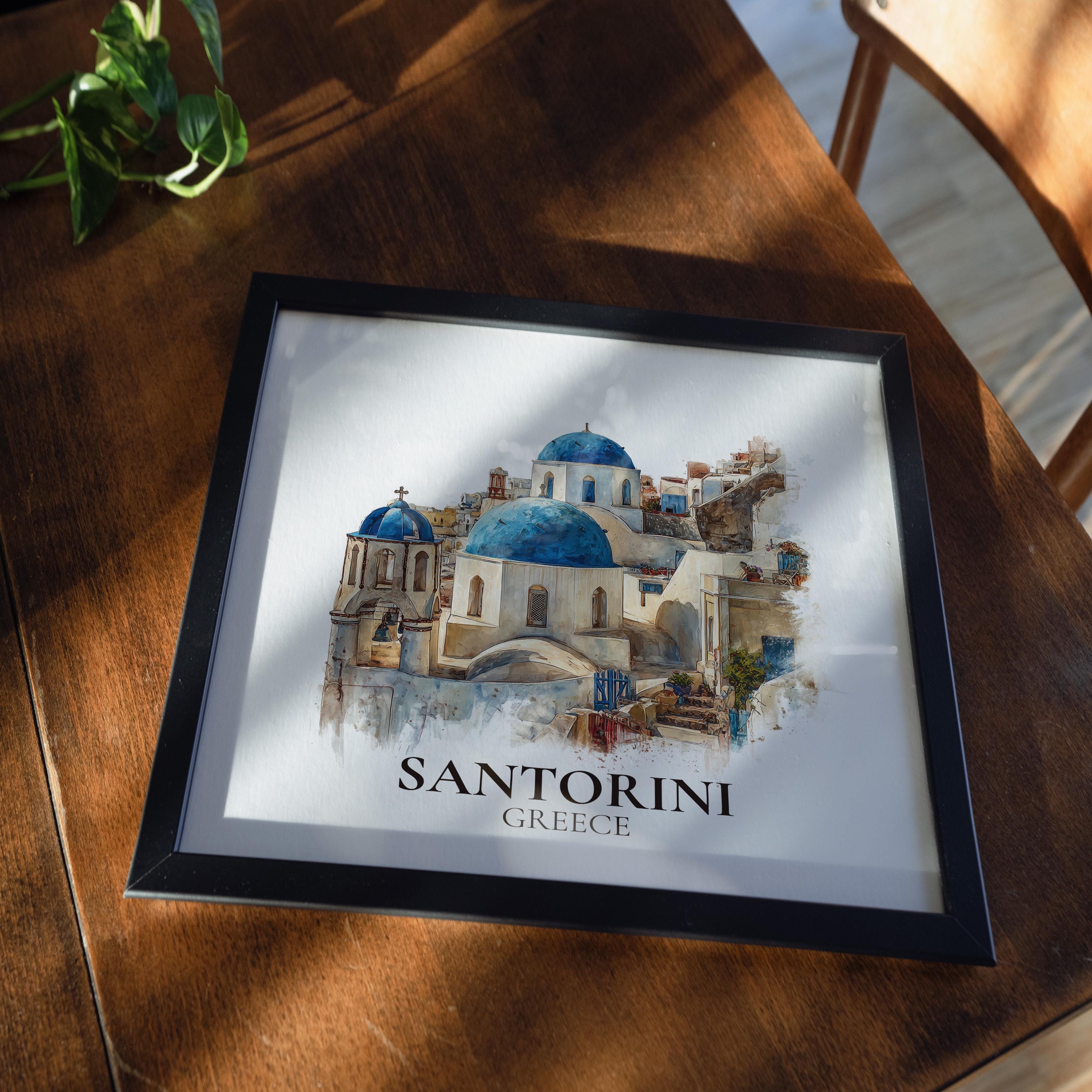 Santorini Greece Watercolor Wall Art Print, Custom Travel Poster, World Locations Keepsake Gift