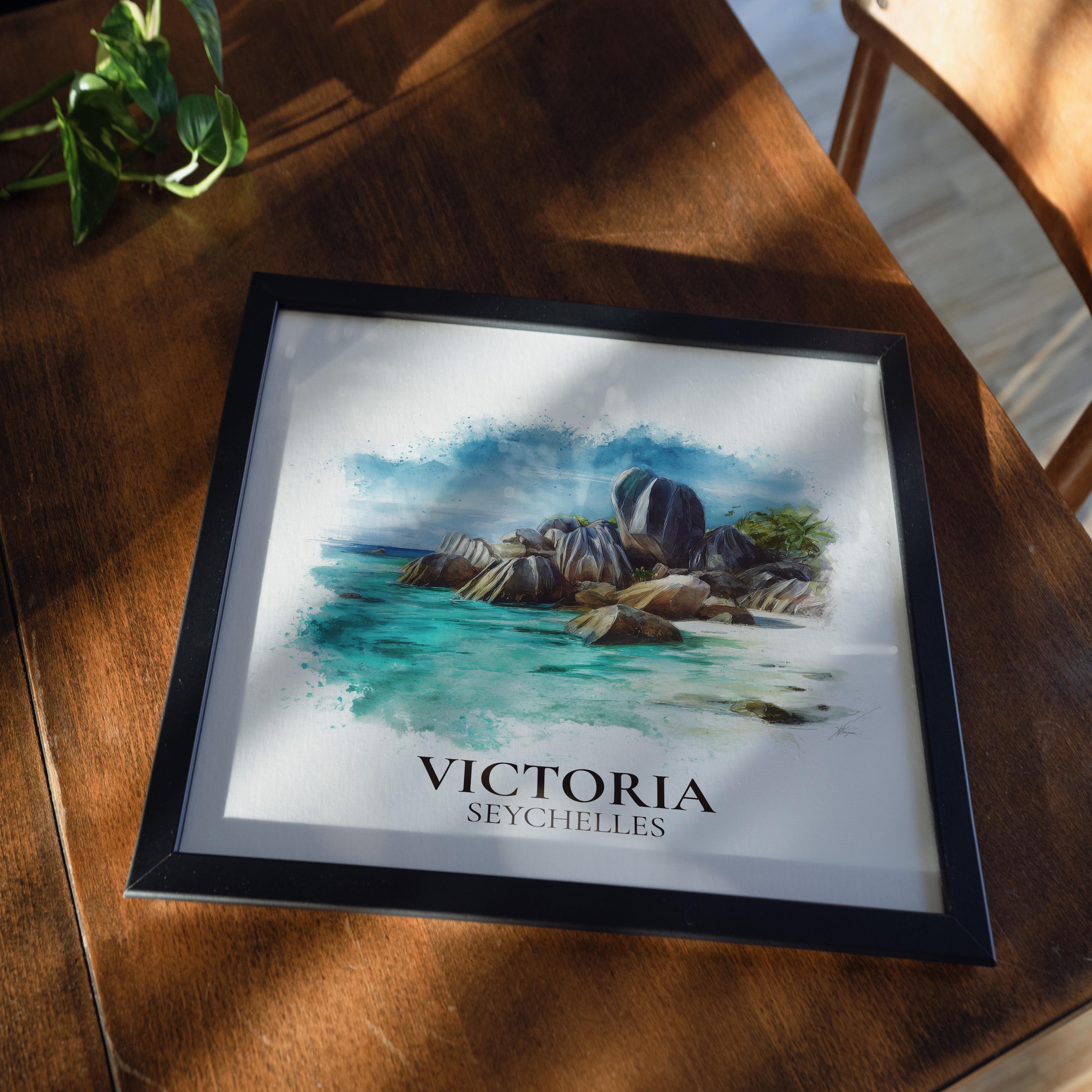 Victoria Seychelles Watercolor Wall Art Print, Custom Travel Poster, World Locations Keepsake Gift
