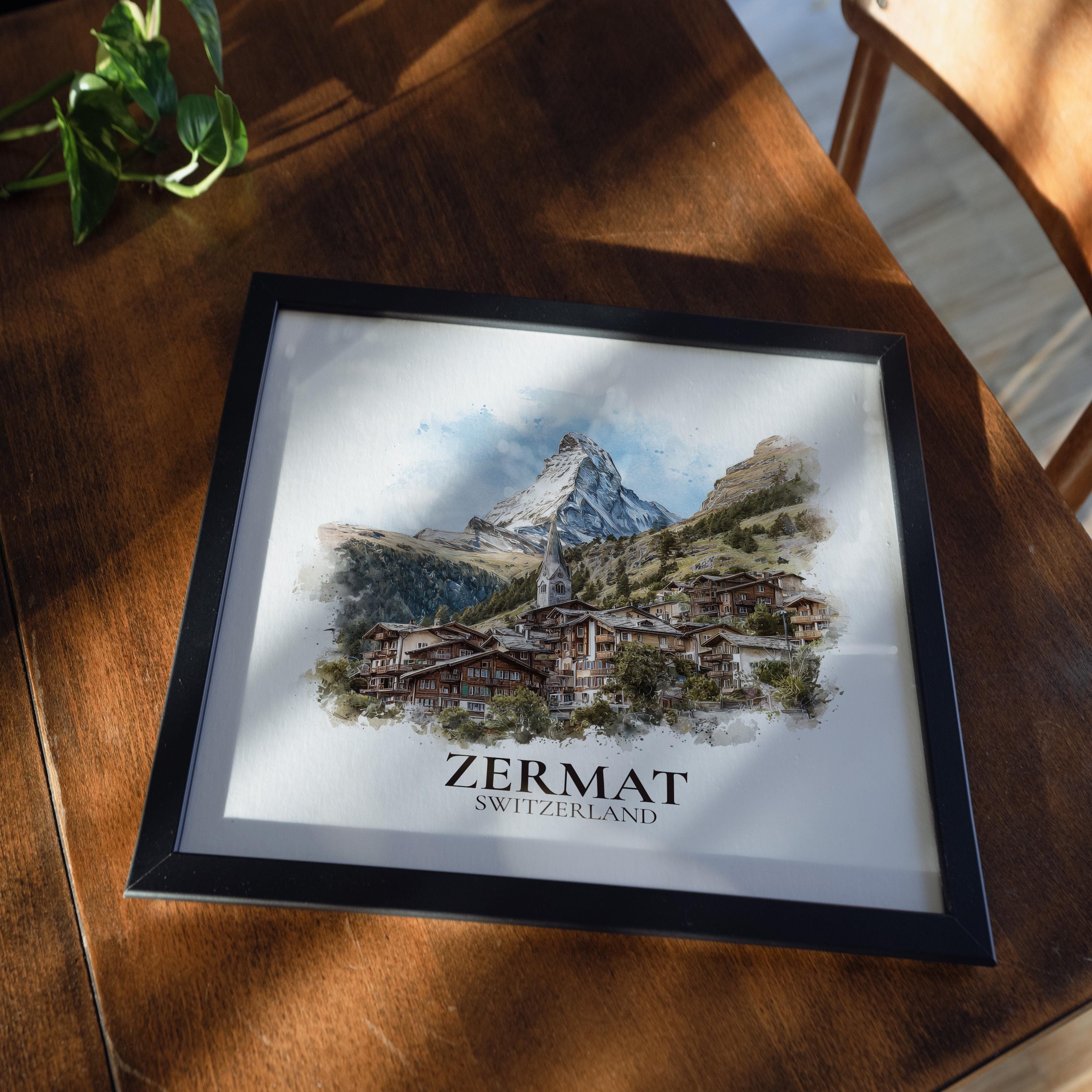 Zermatt Switzerland Watercolor Wall Art Print, Custom Travel Poster, World Locations Keepsake Gift