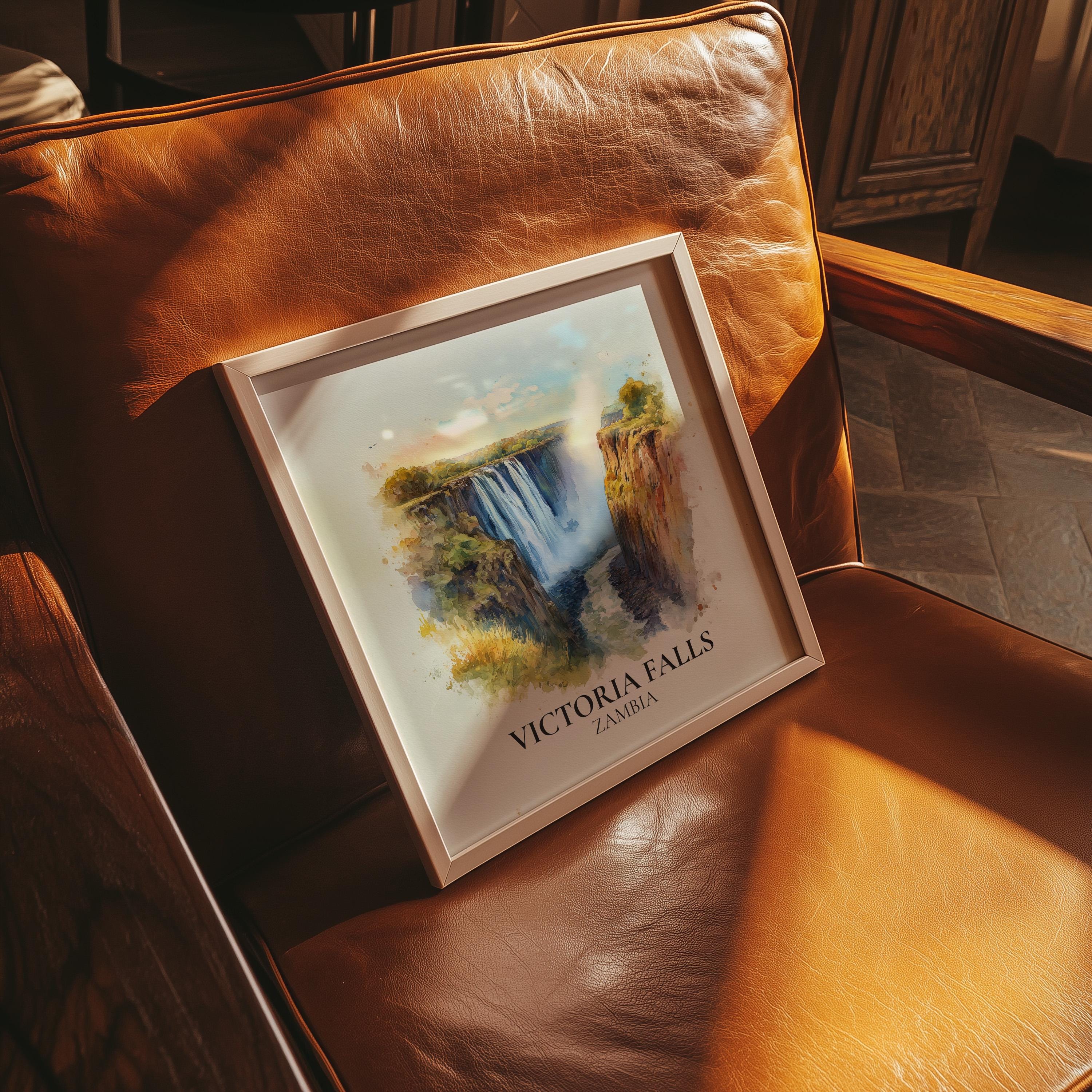 Victoria Falls Zambia Watercolor Wall Art Print, Custom Travel Poster, World Locations Keepsake Gift