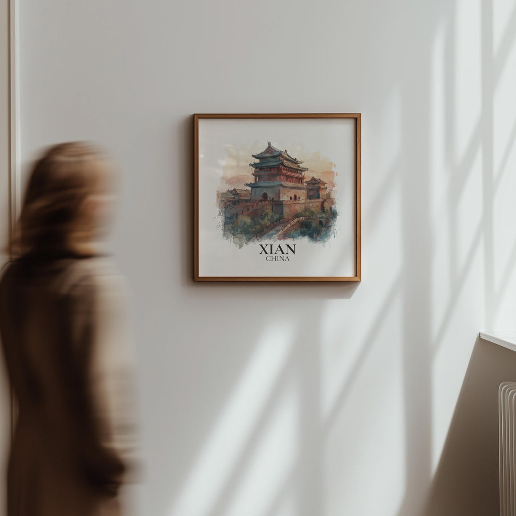 Xian China Watercolor Wall Art Print, Custom Travel Poster, World Locations Keepsake Gift