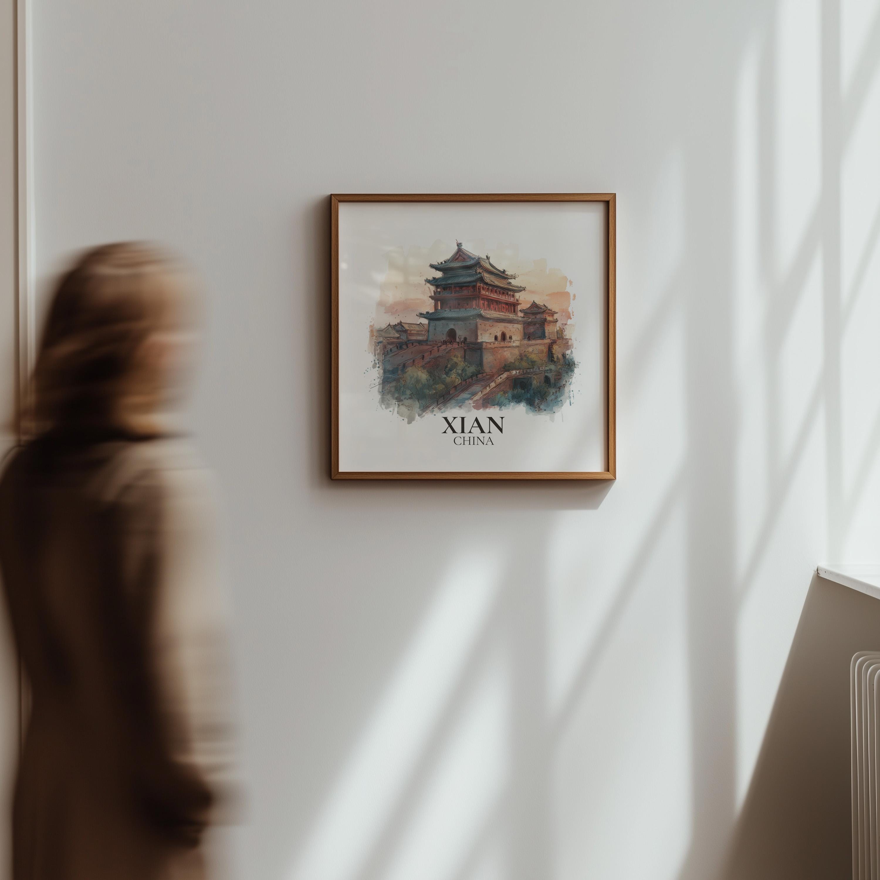 Xian China Watercolor Wall Art Print, Custom Travel Poster, World Locations Keepsake Gift