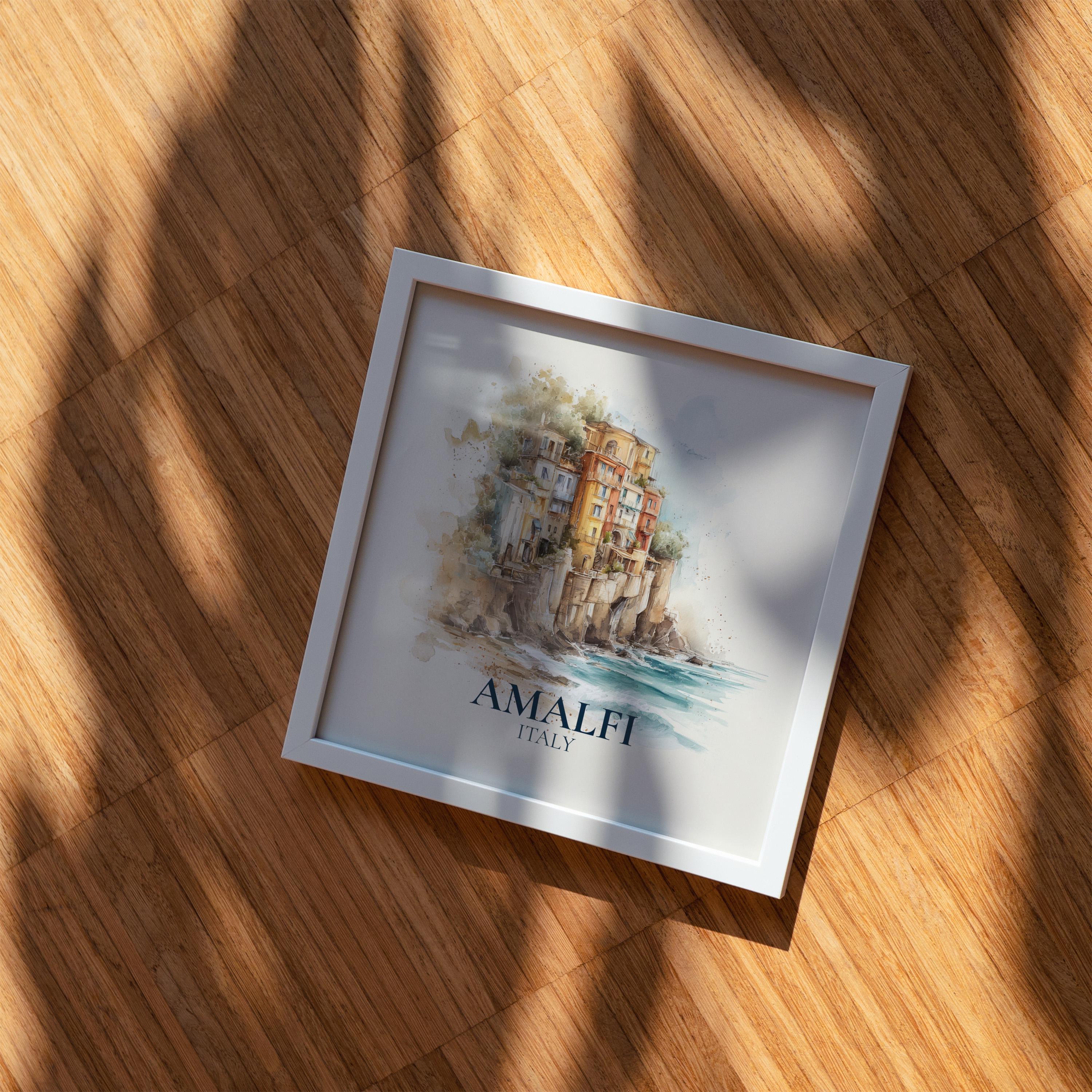 Amalfi Coast Italy Watercolor Wall Art Print, Custom Travel Poster, World Locations Keepsake Gift