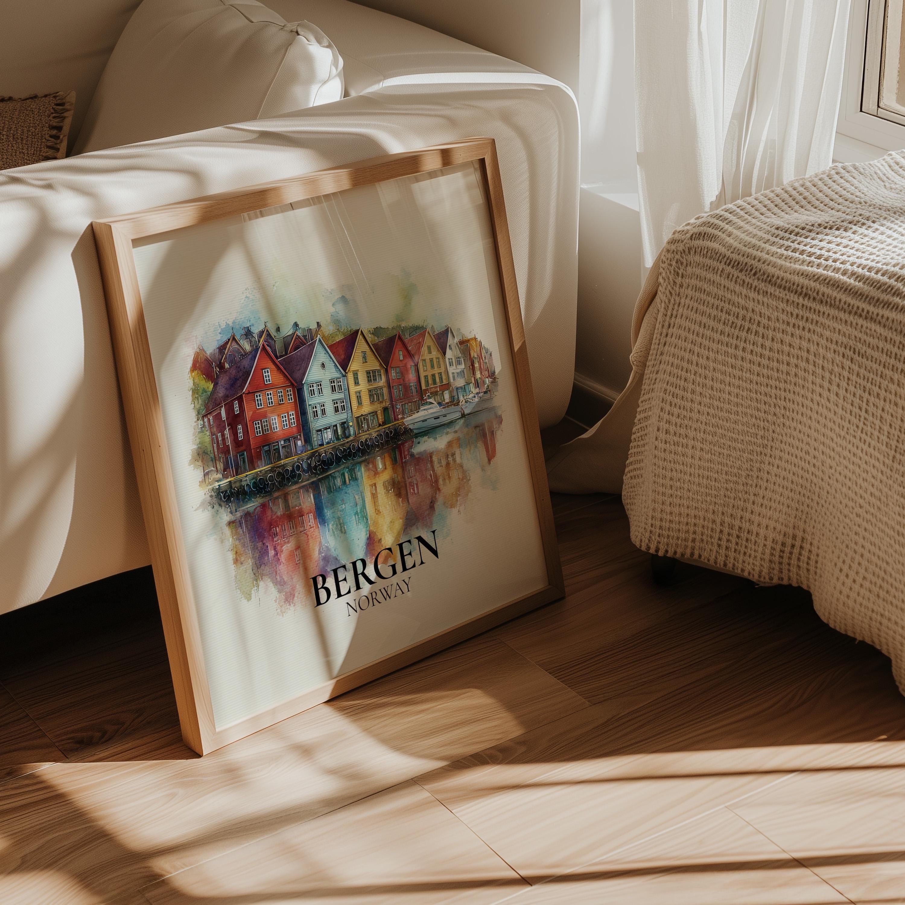 Bergen Norway Watercolor Wall Art Print, Custom Travel Poster, World Locations Keepsake Gift