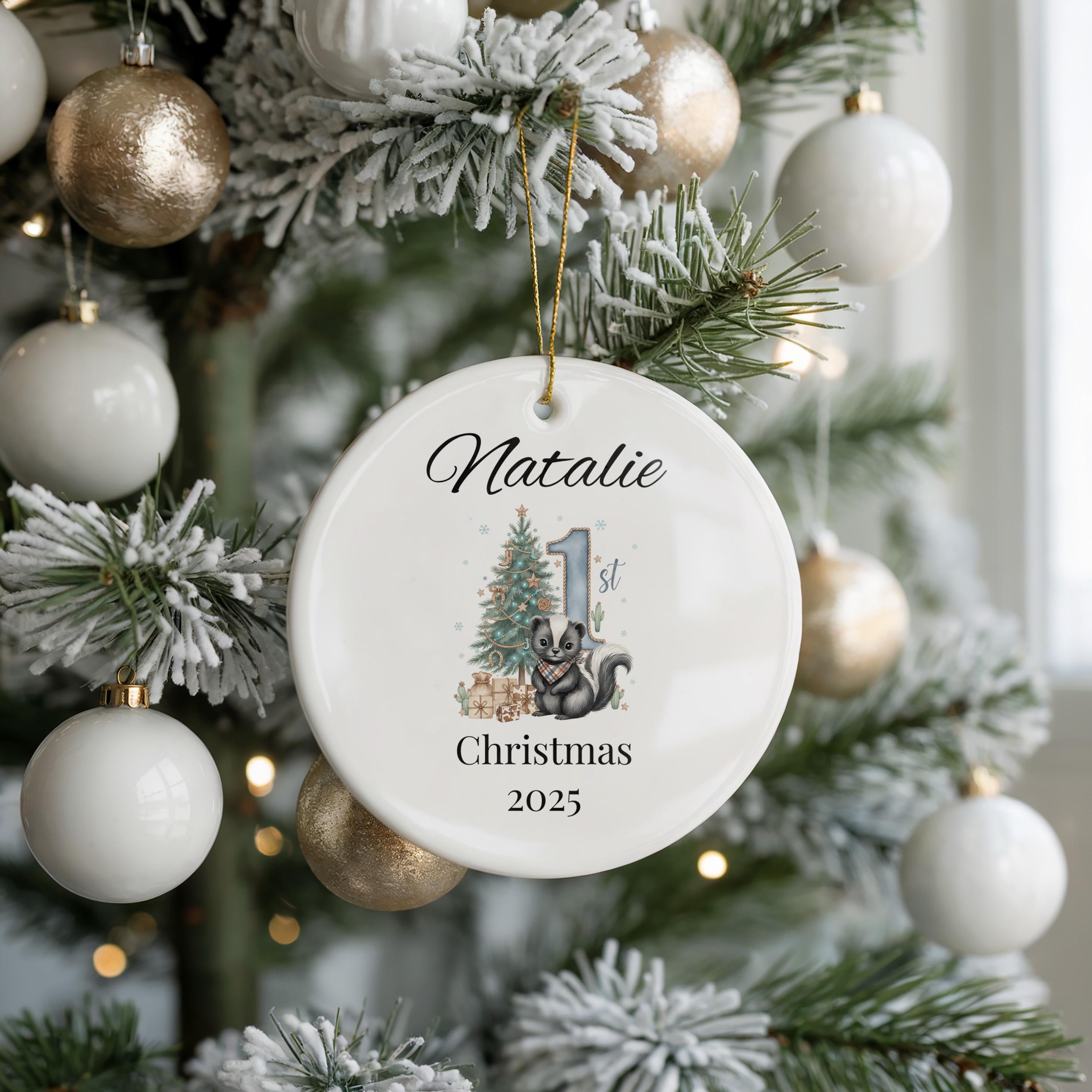 Personalized Baby’s 1st Christmas Ornament, Watercolor Animal Bauble