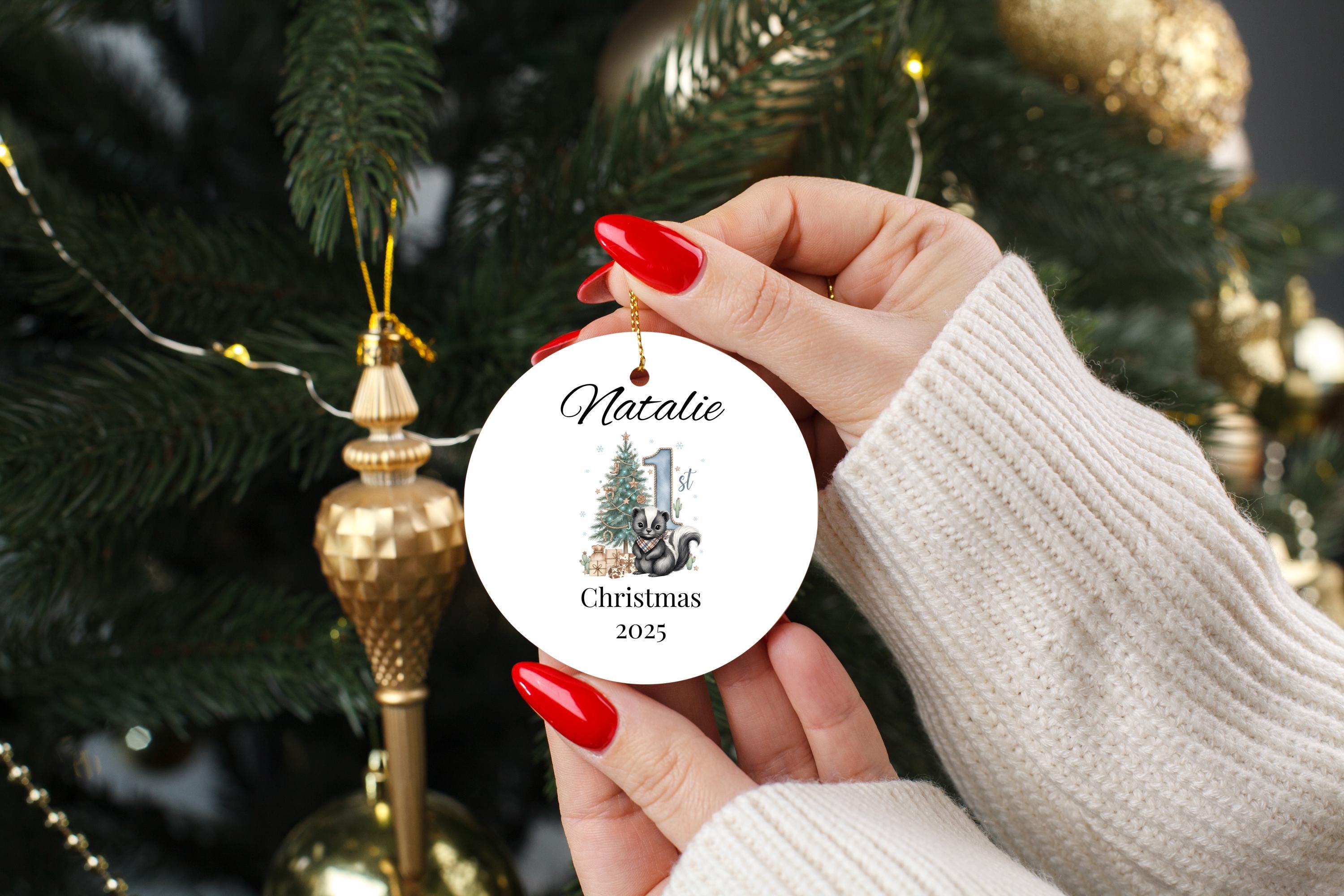 Personalized Baby’s 1st Christmas Ornament, Watercolor Animal Bauble