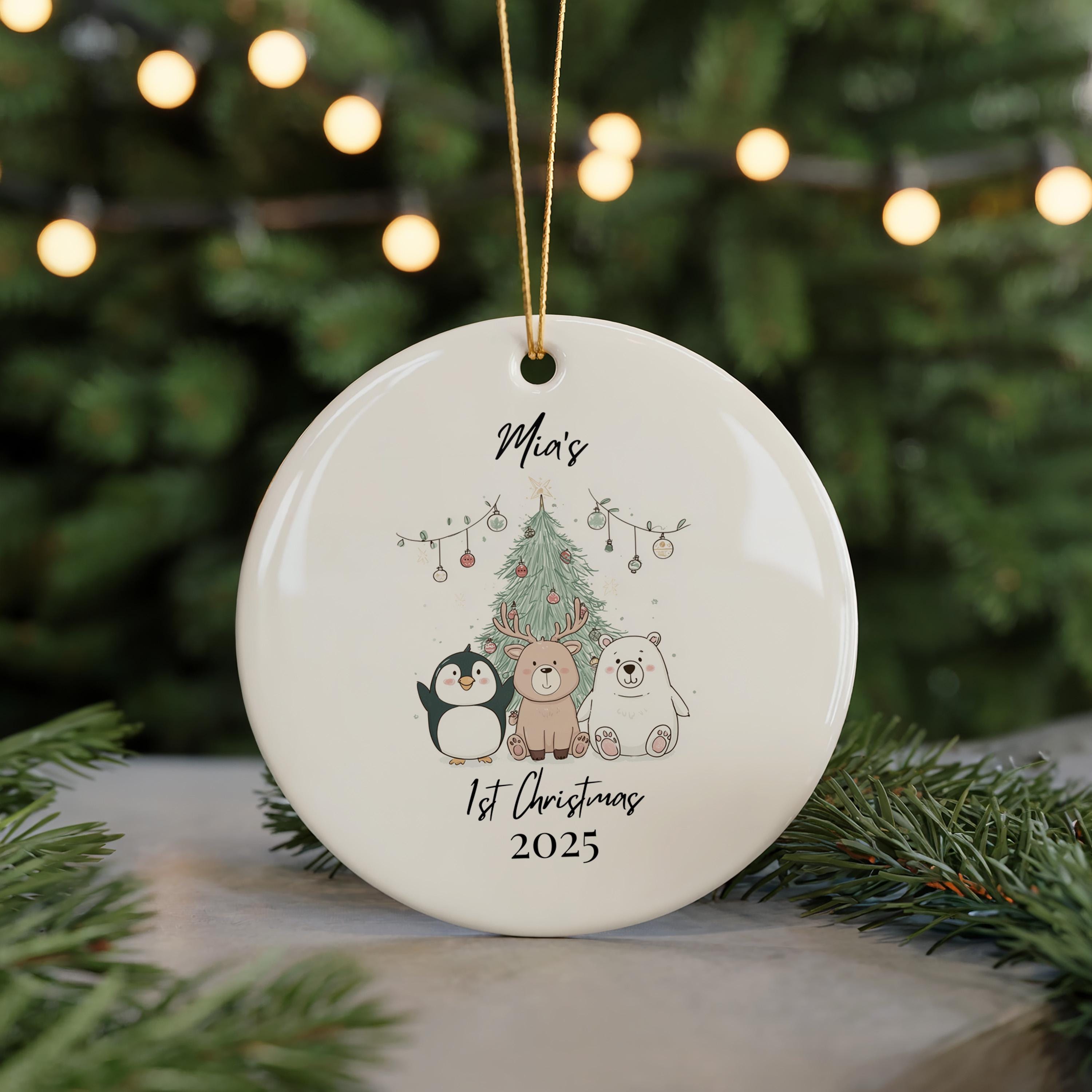 Baby's First Christmas Decoration Cute Animal, Custom Name Ornament 1st Xmas, Personalized Bauble Keepsake