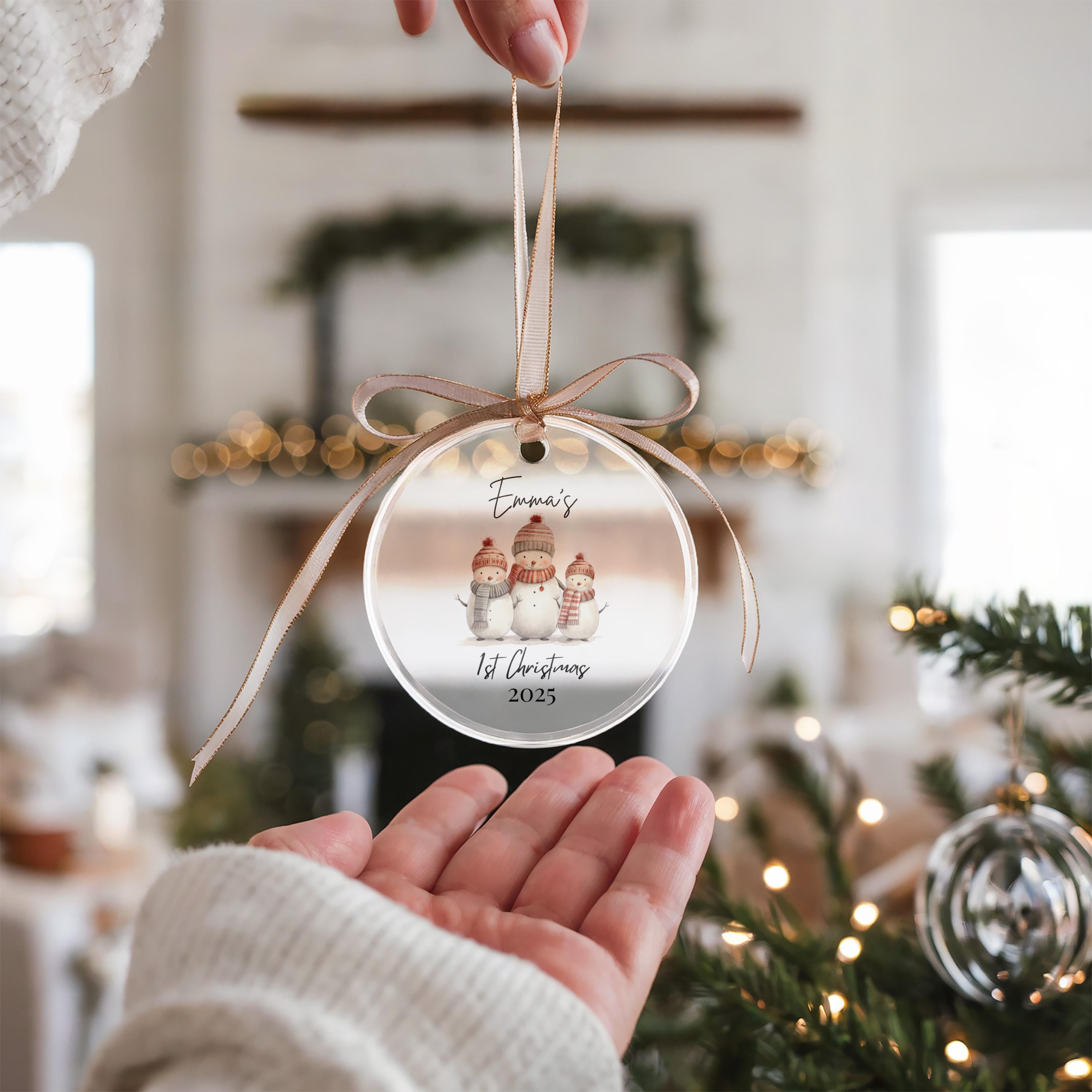 Baby’s First Christmas Personalized Ornament, Custom Name Xmas Tree, Snowman Bauble Keepsake