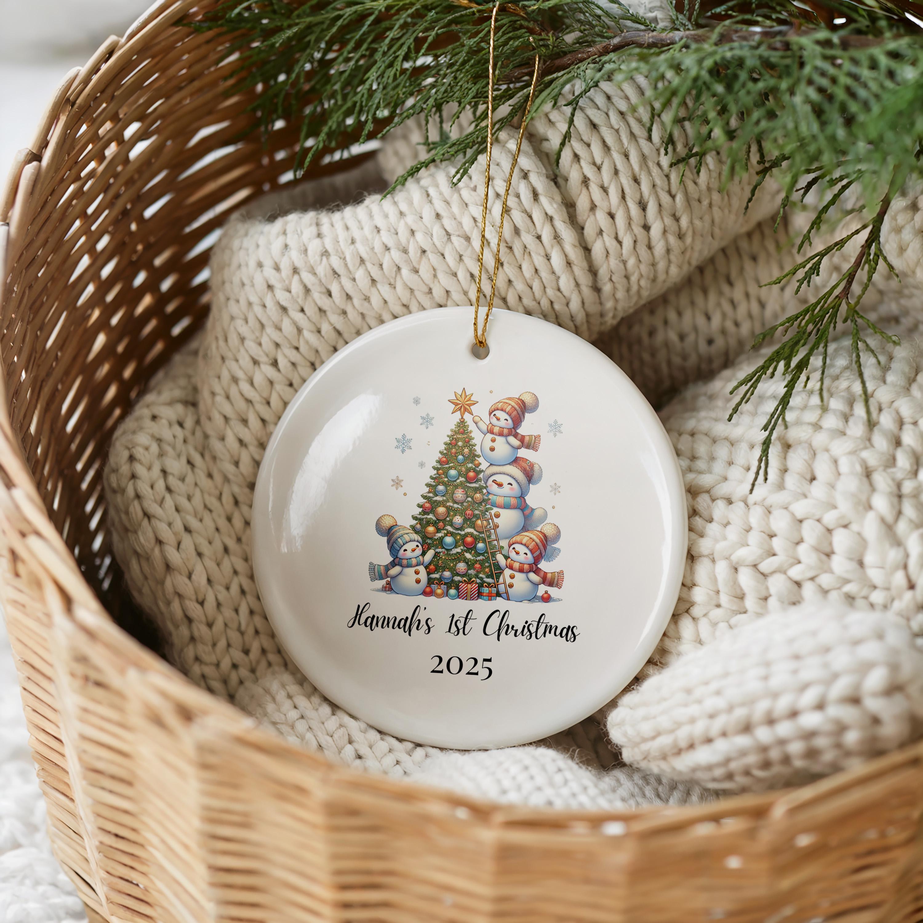Baby’s First Christmas Decoration, Snowman Custom Name Ornament 1st Xmas, personalized Bauble Keepsake