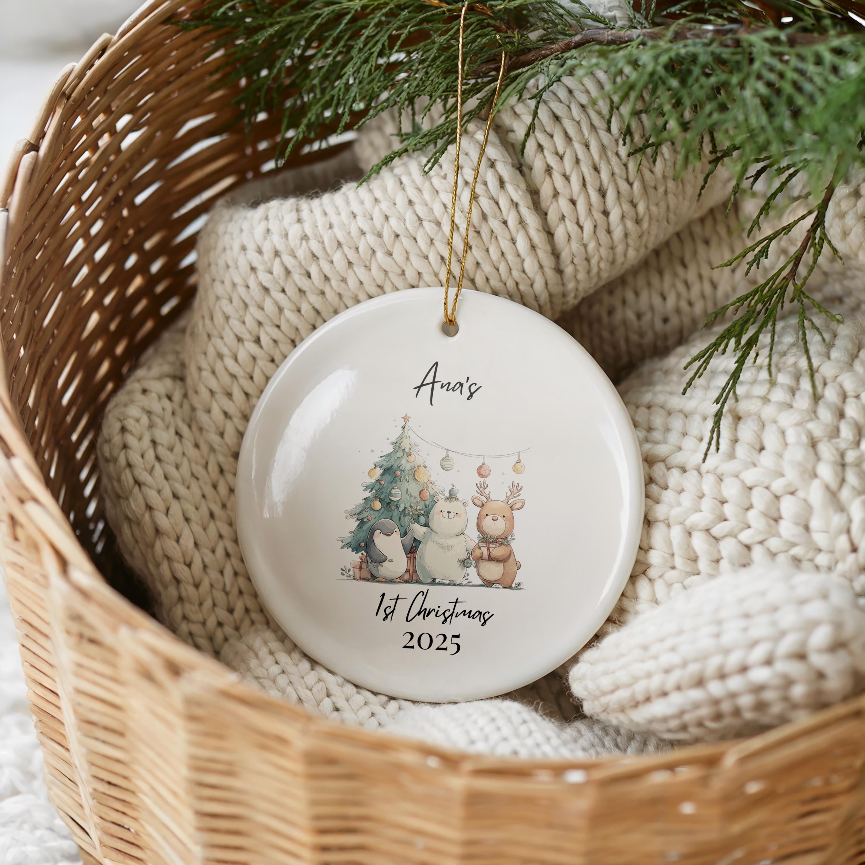 Cute Baby's First Christmas Decoration Animals, Personalized Name Ornament 1st Xmas, Custom Bauble Keepsake