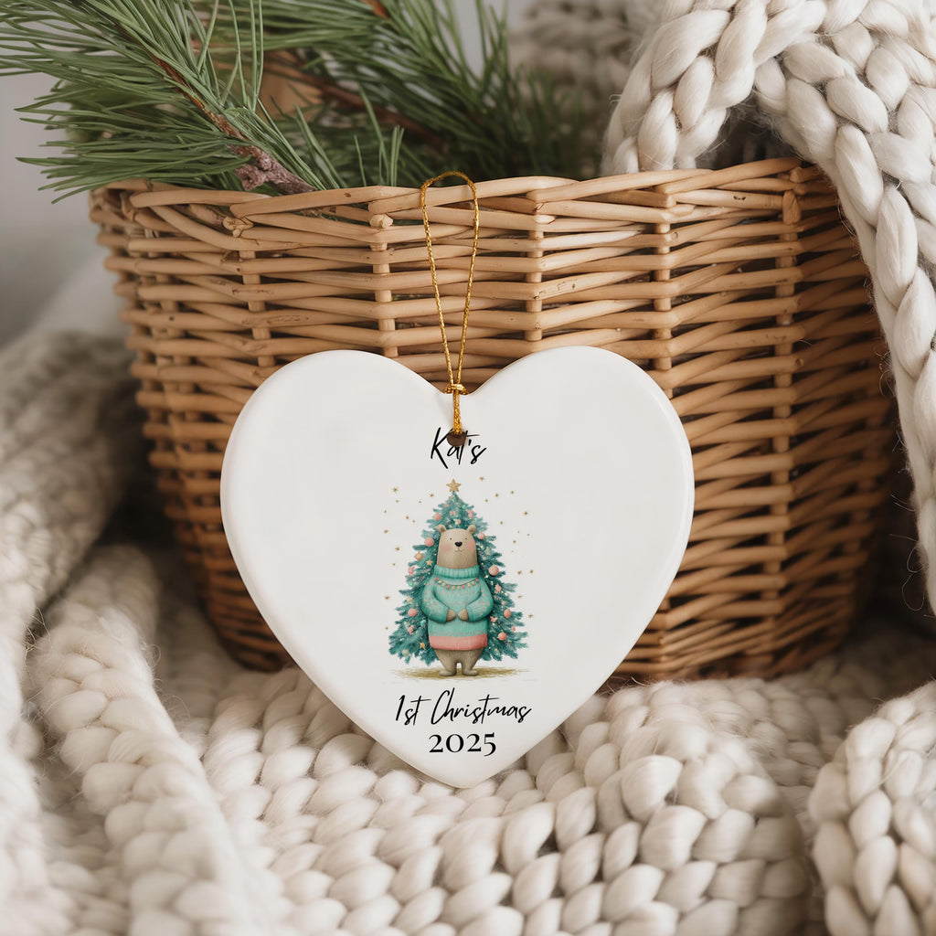 Personalized Baby's First Christmas Ornament, Watercolor Bear Ceramic Bauble