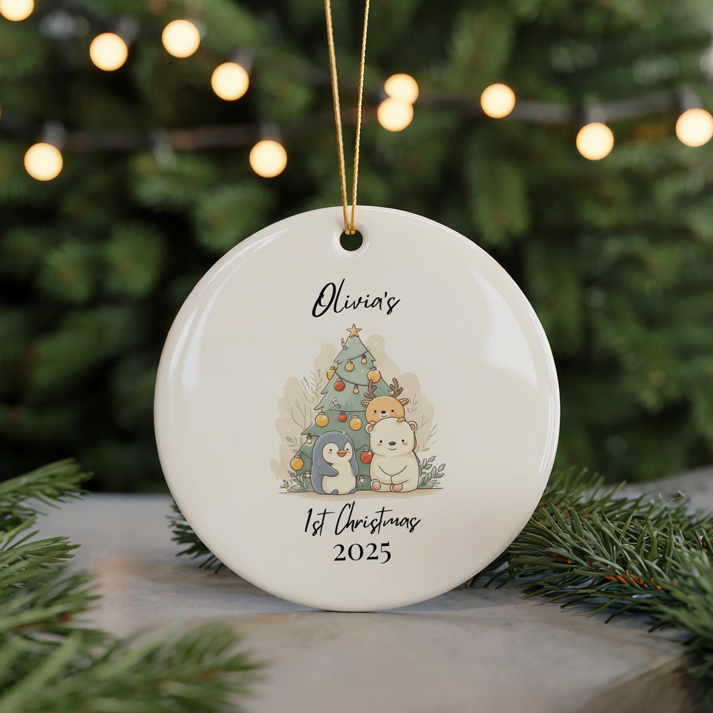 Baby's First Christmas Decoration Cute Animal, Personalized Name Ornament 1st Xmas, Custom Bauble Keepsake
