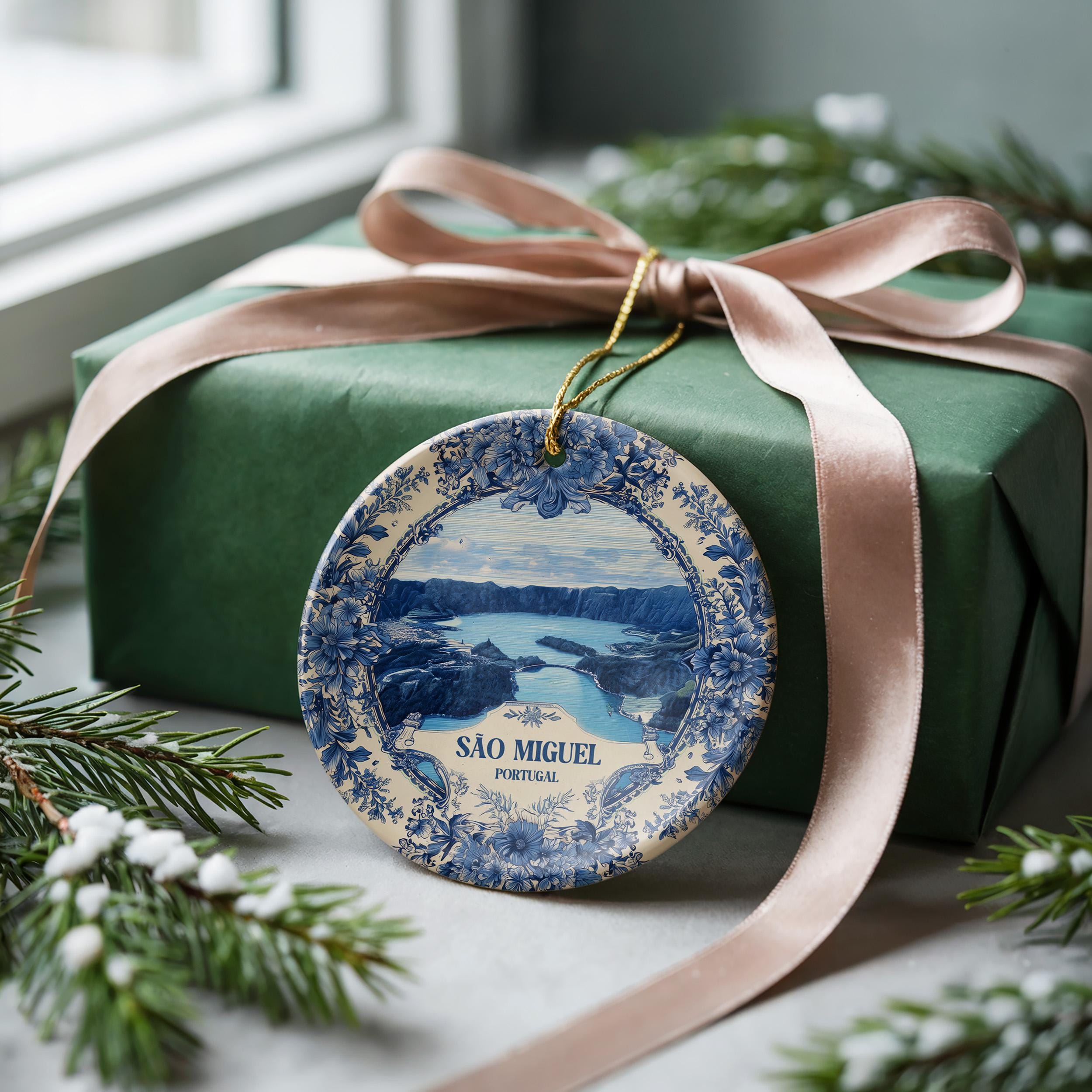 Custom Sao Miguel Portugal Ceramic Delft Ornament, Azores Christmas Delftware, Blue Delftware City travel