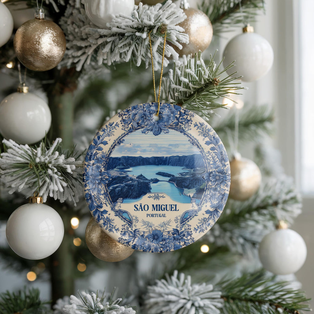 Custom Sao Miguel Portugal Ceramic Delft Ornament, Azores Christmas Delftware, Blue Delftware City travel