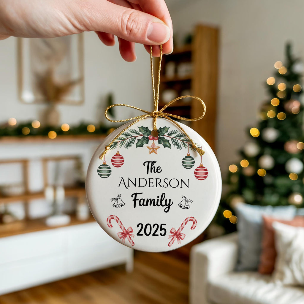Custom Family Christmas Ornament with Bow, Personalized Holiday Keepsake Decoration