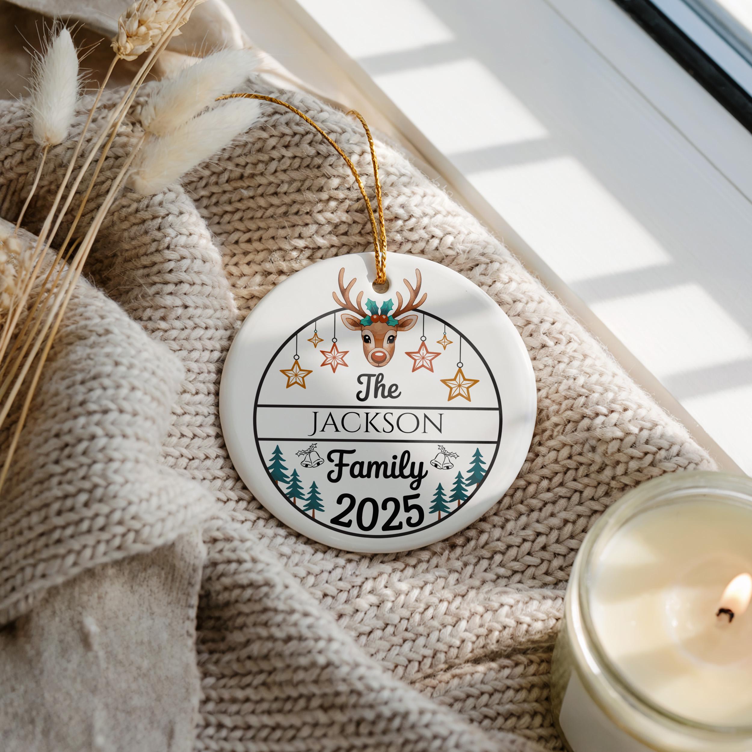 Reindeer Family Christmas Ornament, Personalized Family Name Keepsake, Custom Holiday Tree Decoration