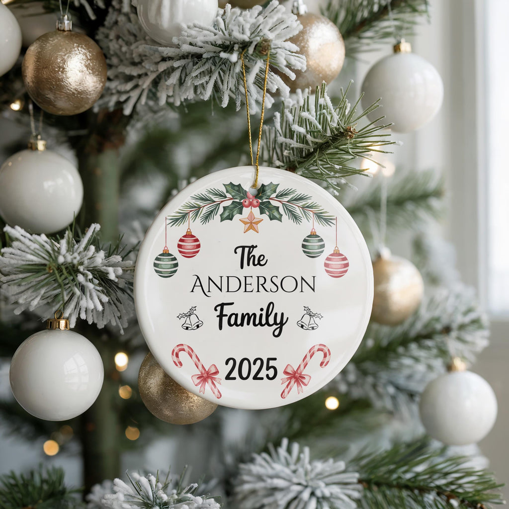 Custom Family Christmas Ornament with Bow, Personalized Holiday Keepsake Decoration