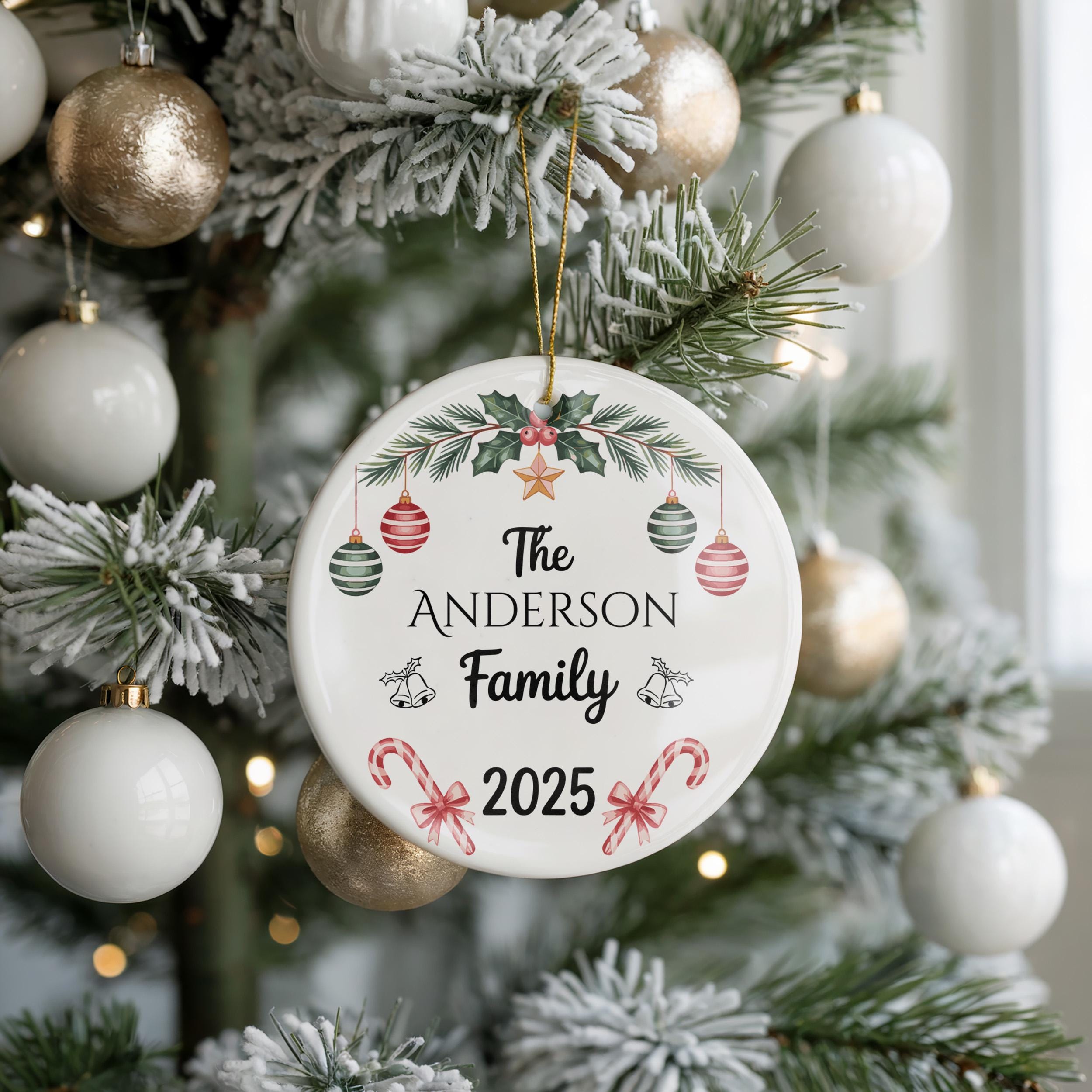Custom Family Christmas Ornament with Bow, Personalized Holiday Keepsake Decoration
