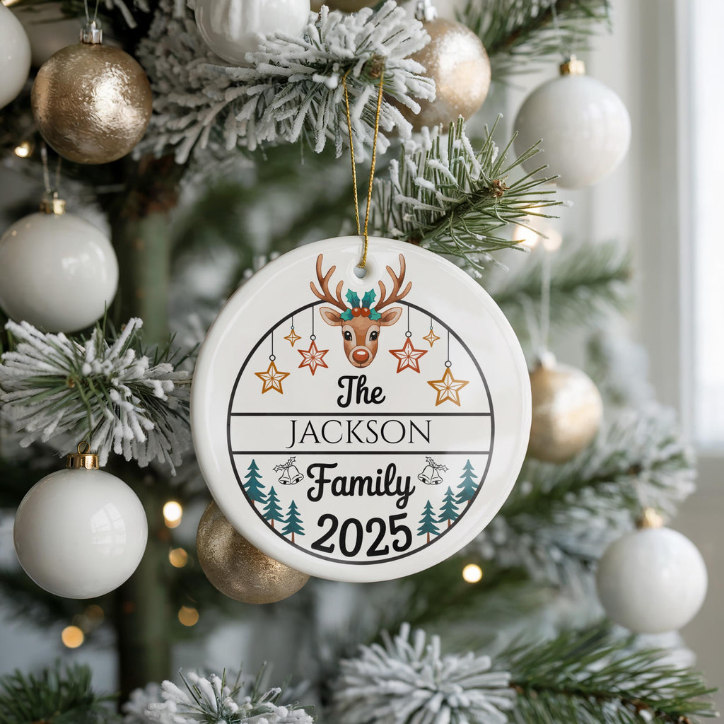 Reindeer Family Christmas Ornament, Personalized Family Name Keepsake, Custom Holiday Tree Decoration