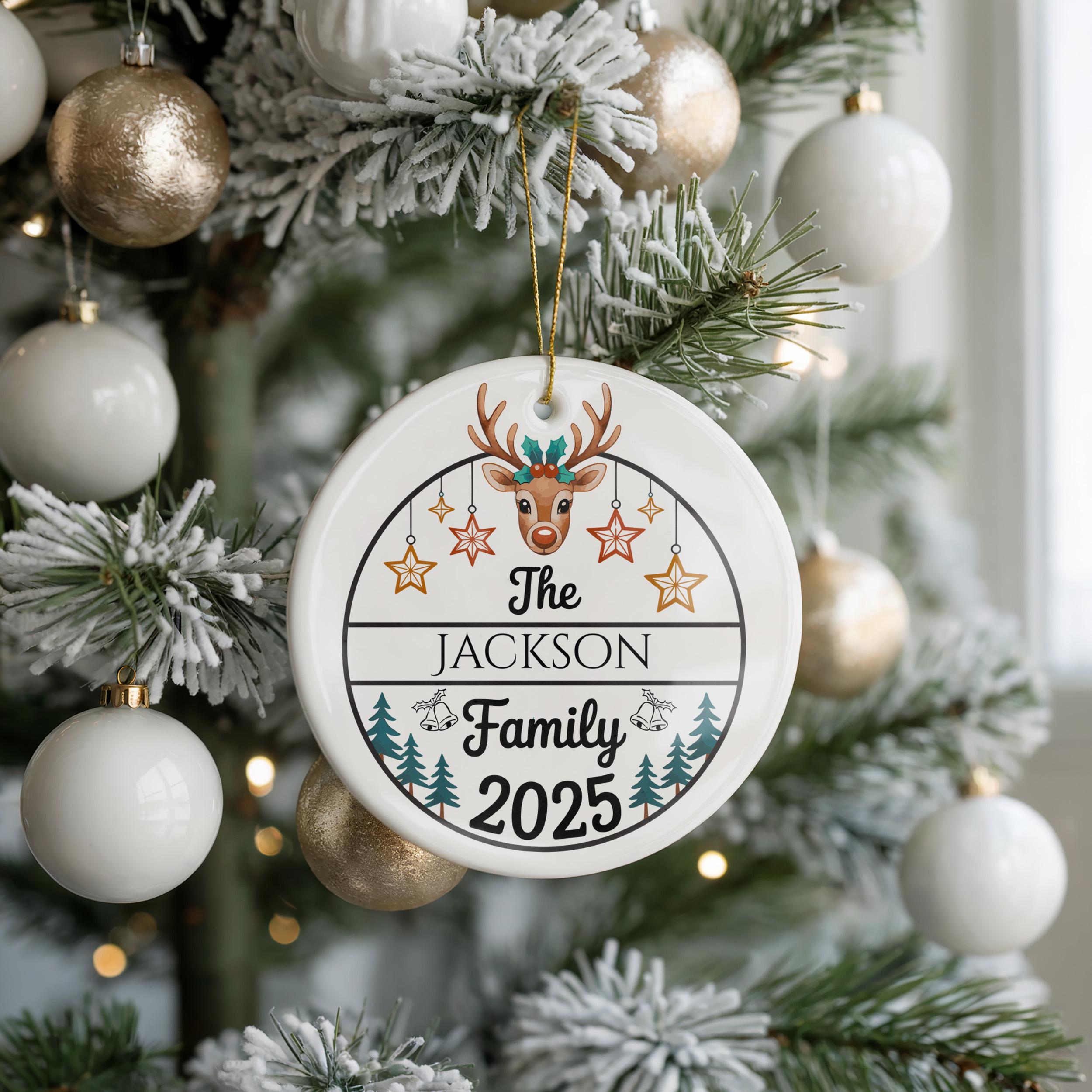 Reindeer Family Christmas Ornament, Personalized Family Name Keepsake, Custom Holiday Tree Decoration